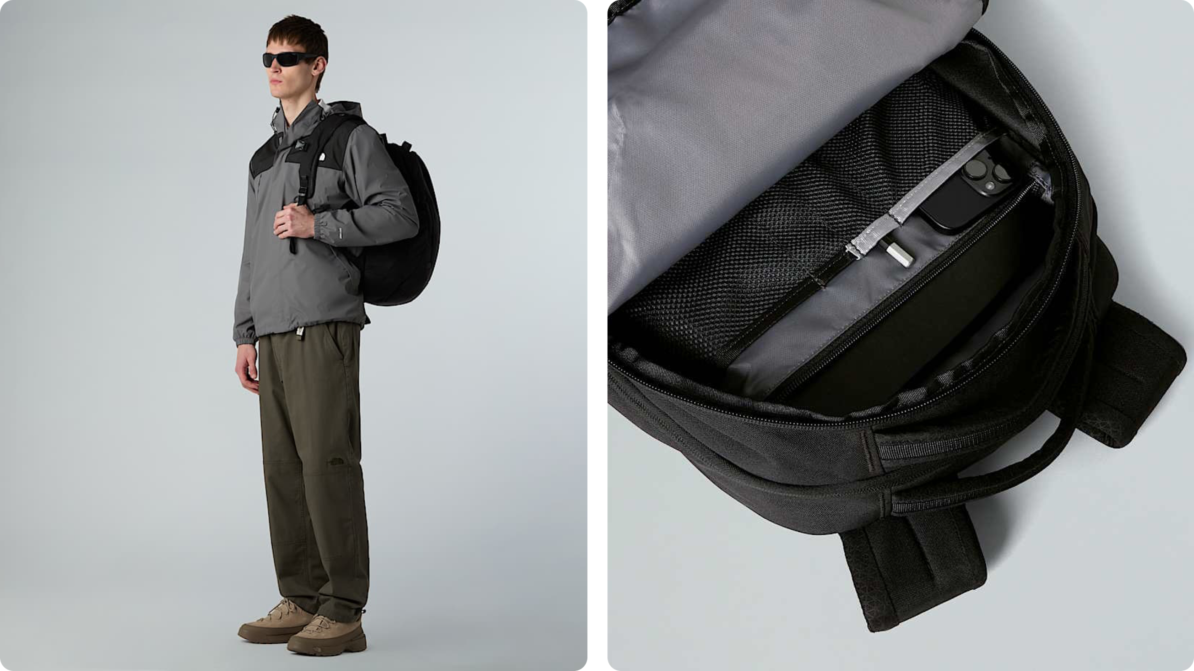 Person trägt schwarzen Rucksack; daneben offener Rucksack mit Innenfach, als Premium-Geschenk.