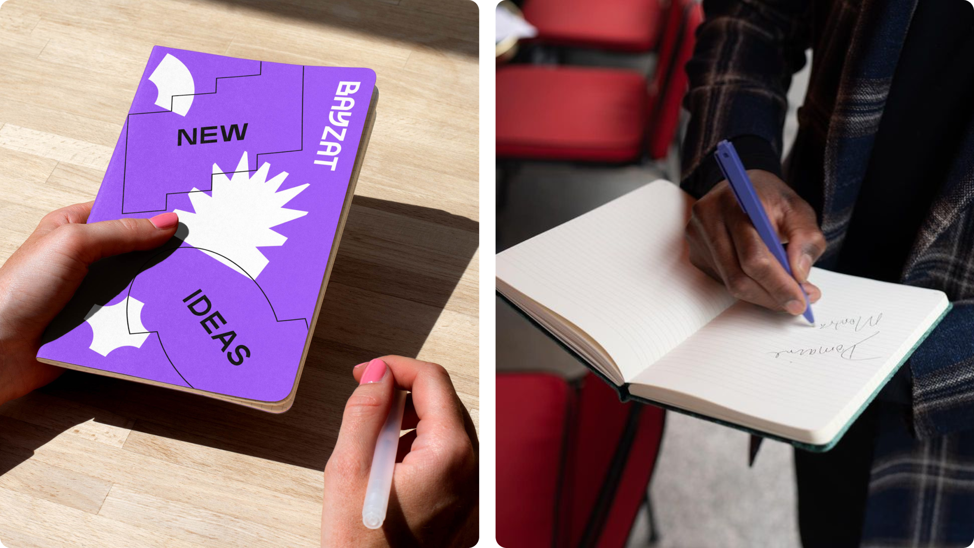 Purple notebook cover and close-up of someone writing notes in a lined notebook