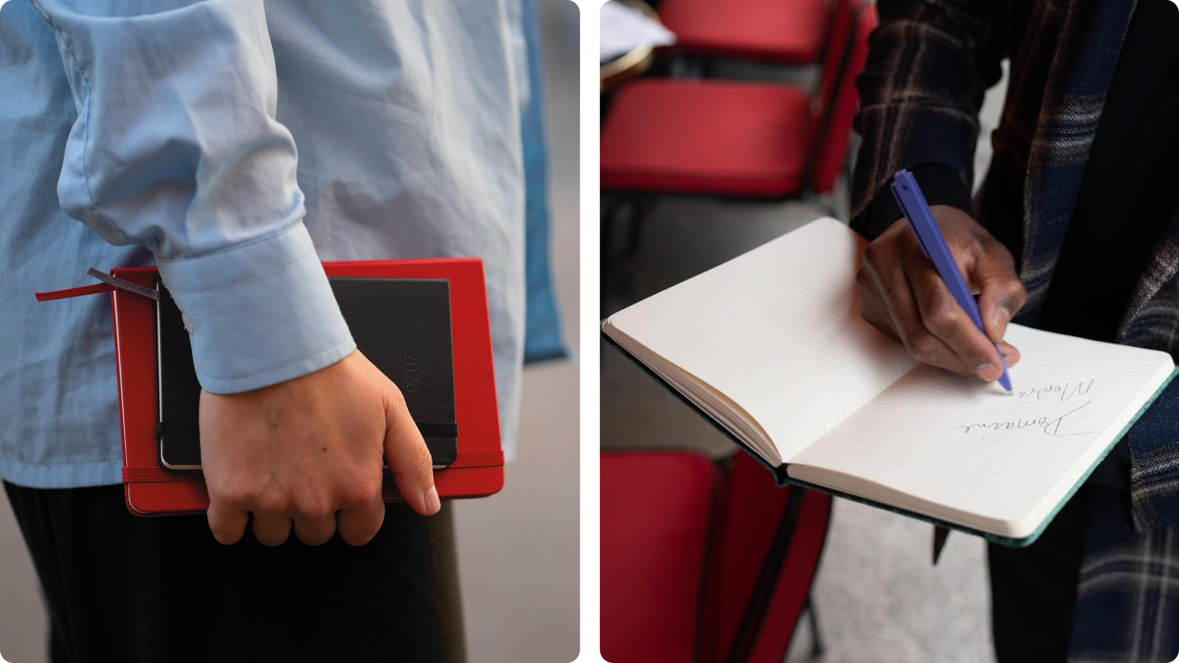 Hand holding notebooks; person writing in an open notebook in a meeting room