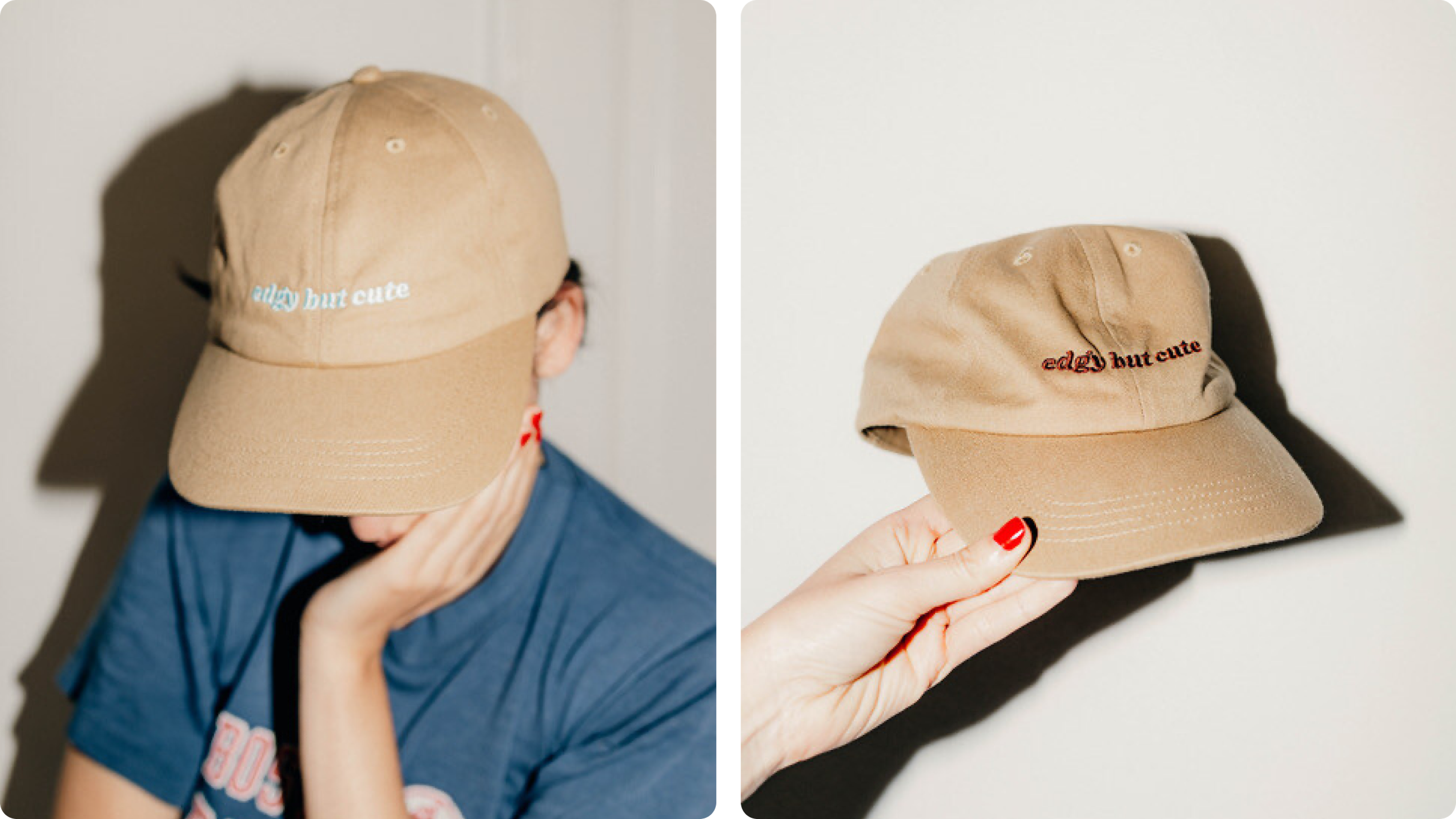 Organic cotton 6-panel dad cap with embroidered logo, adjustable strap detail.