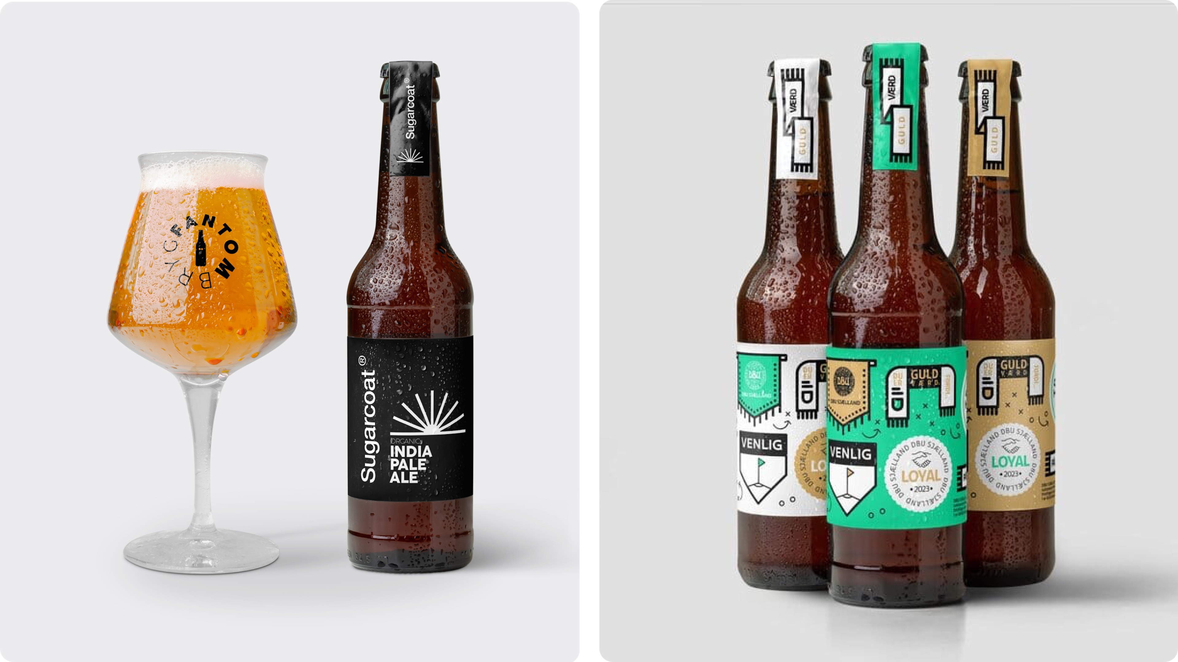 Craft beer bottles with custom labels beside a branded glass and a three-bottle set