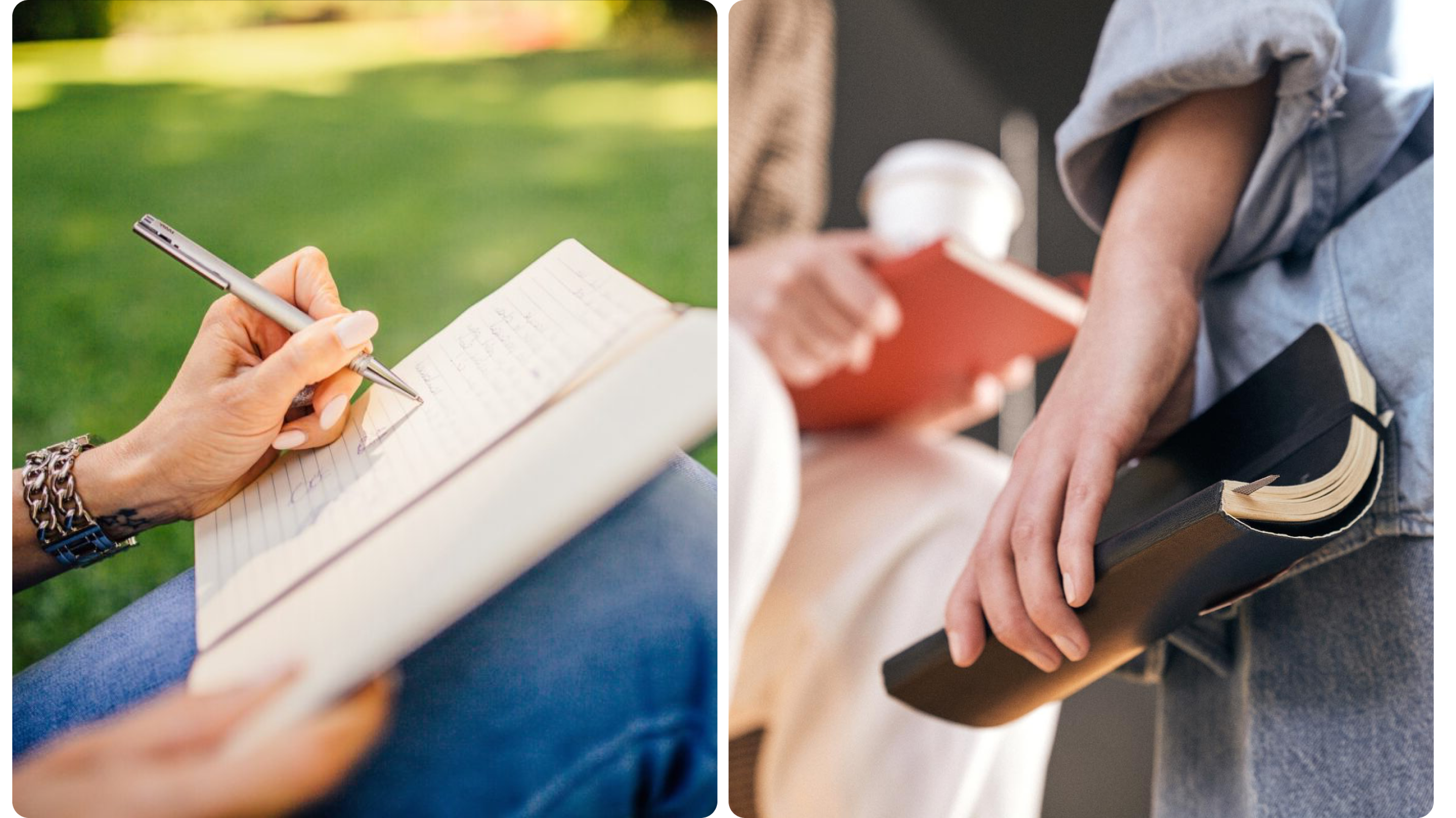 Hand schreibt in Notizbuch; daneben Person mit schwarzem Planner in der Hand