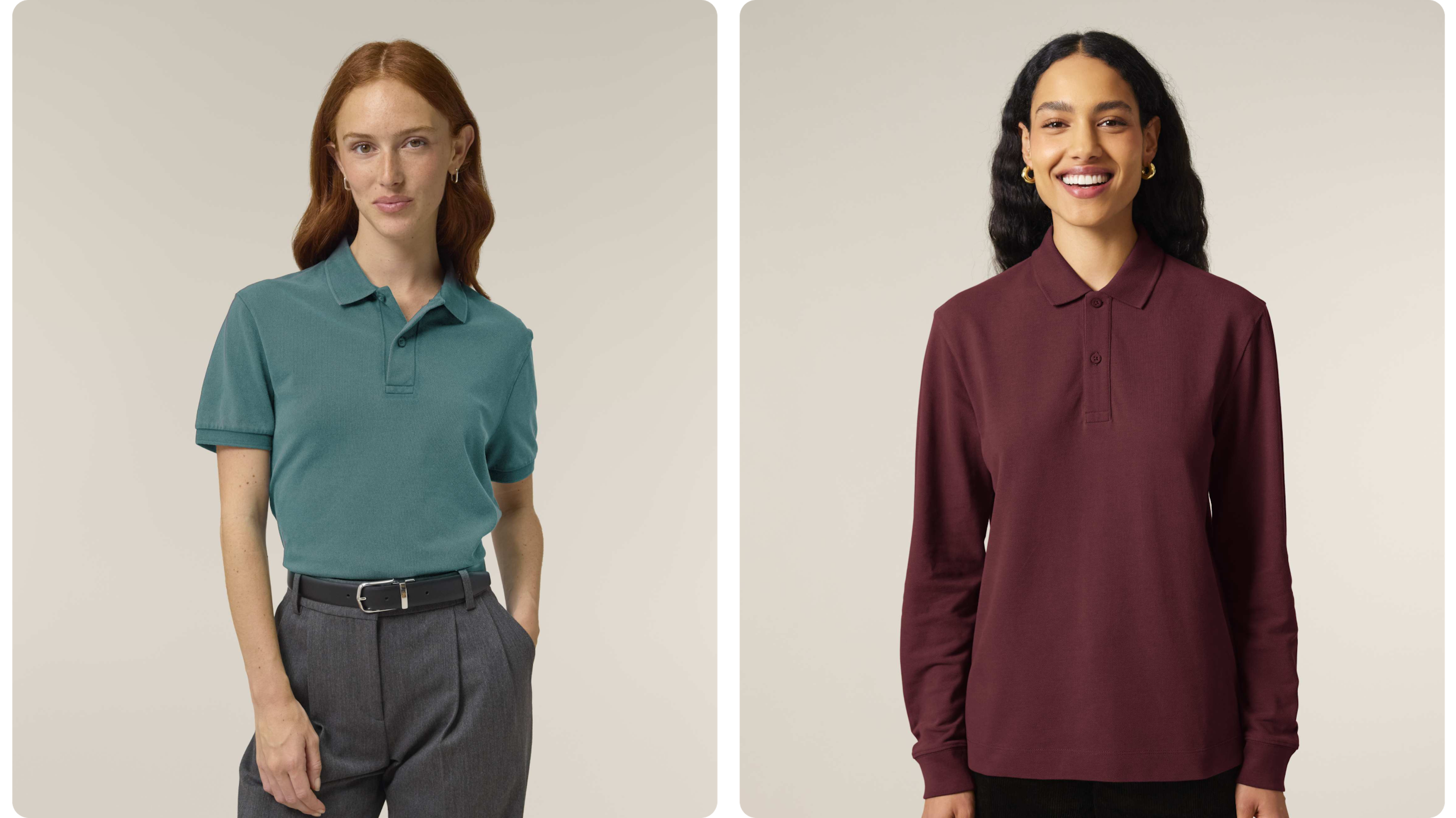 Zwei Personen tragen Polo-Shirts, kurzärmelig und langärmelig