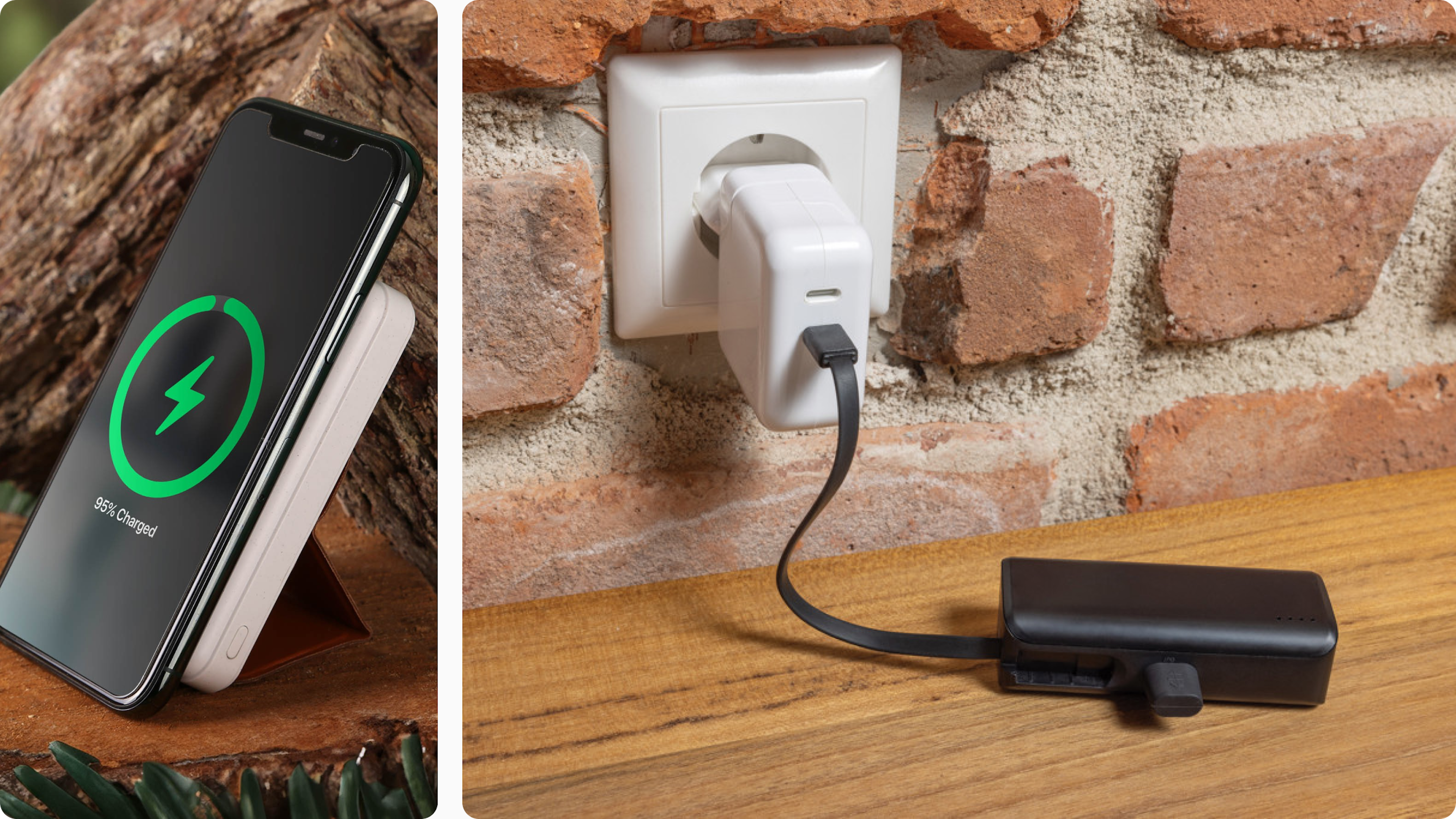 Power bank charging a phone, portable battery for hybrid and travel days