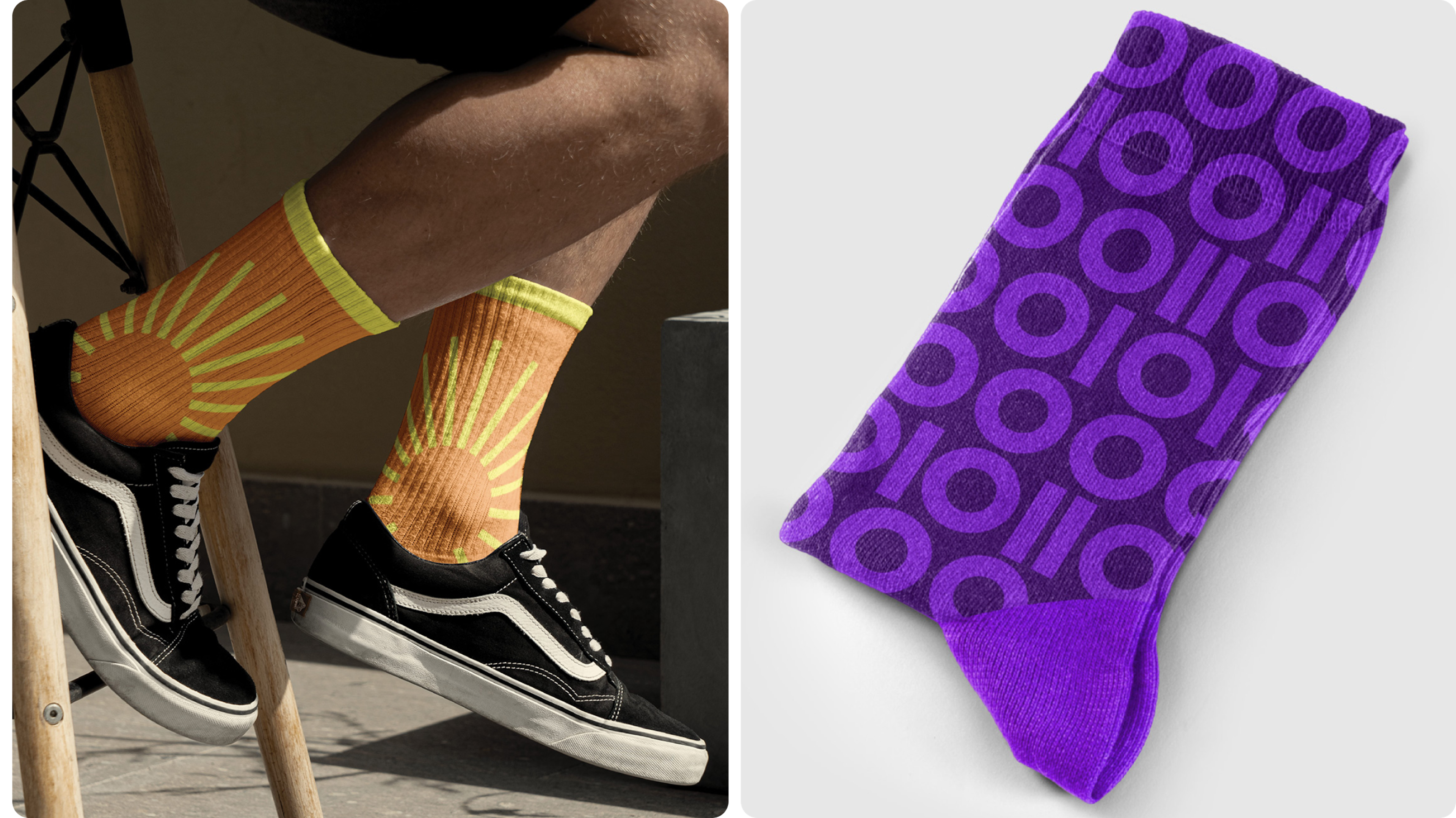 Patterned socks on sneakers; purple sock with bold geometric circles