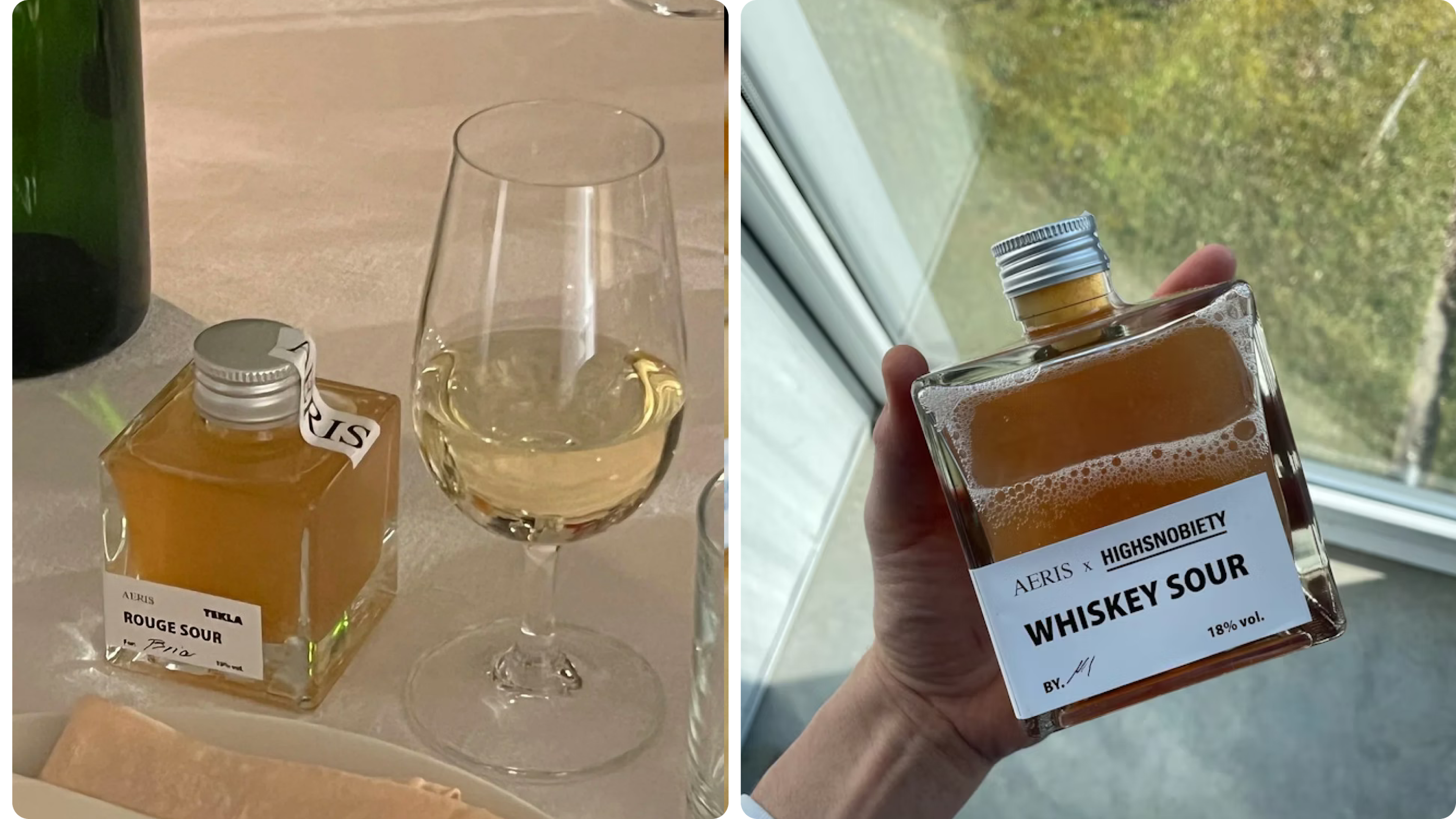 Pre-mixed cocktails in square bottles, one on table and one held by window