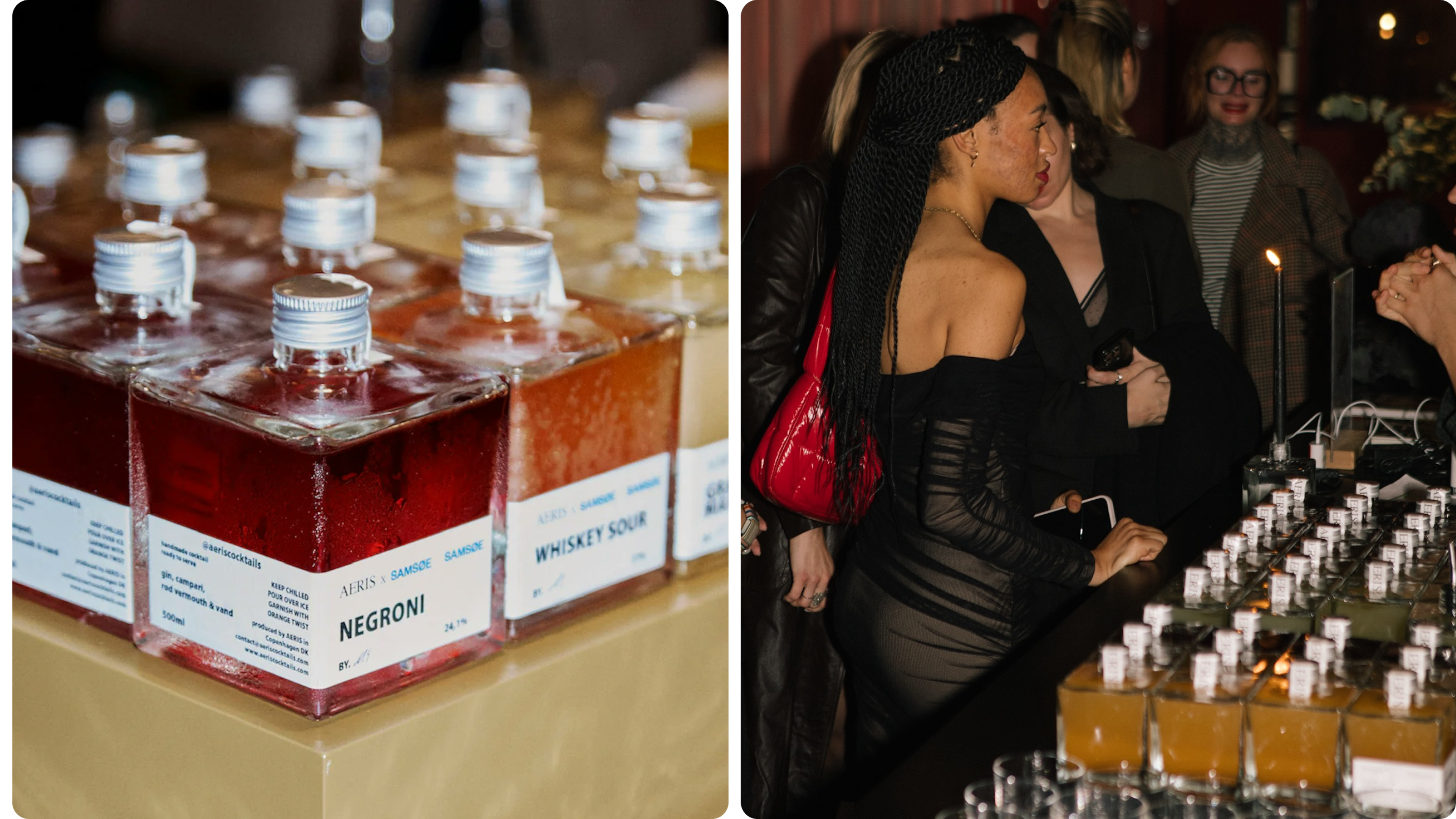 Square bottled cocktails on display and a tasting table in a dimly lit bar