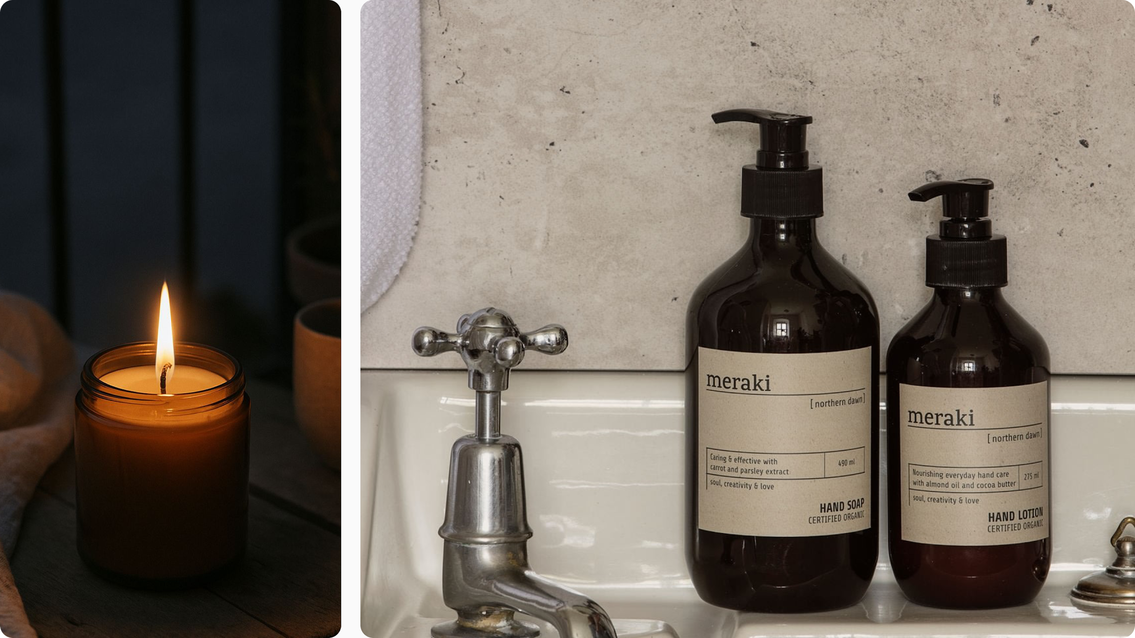 Duftkerze und Handpflege am Waschbecken, ruhiges Wohlfühl-Set als hochwertiges Geschenk.