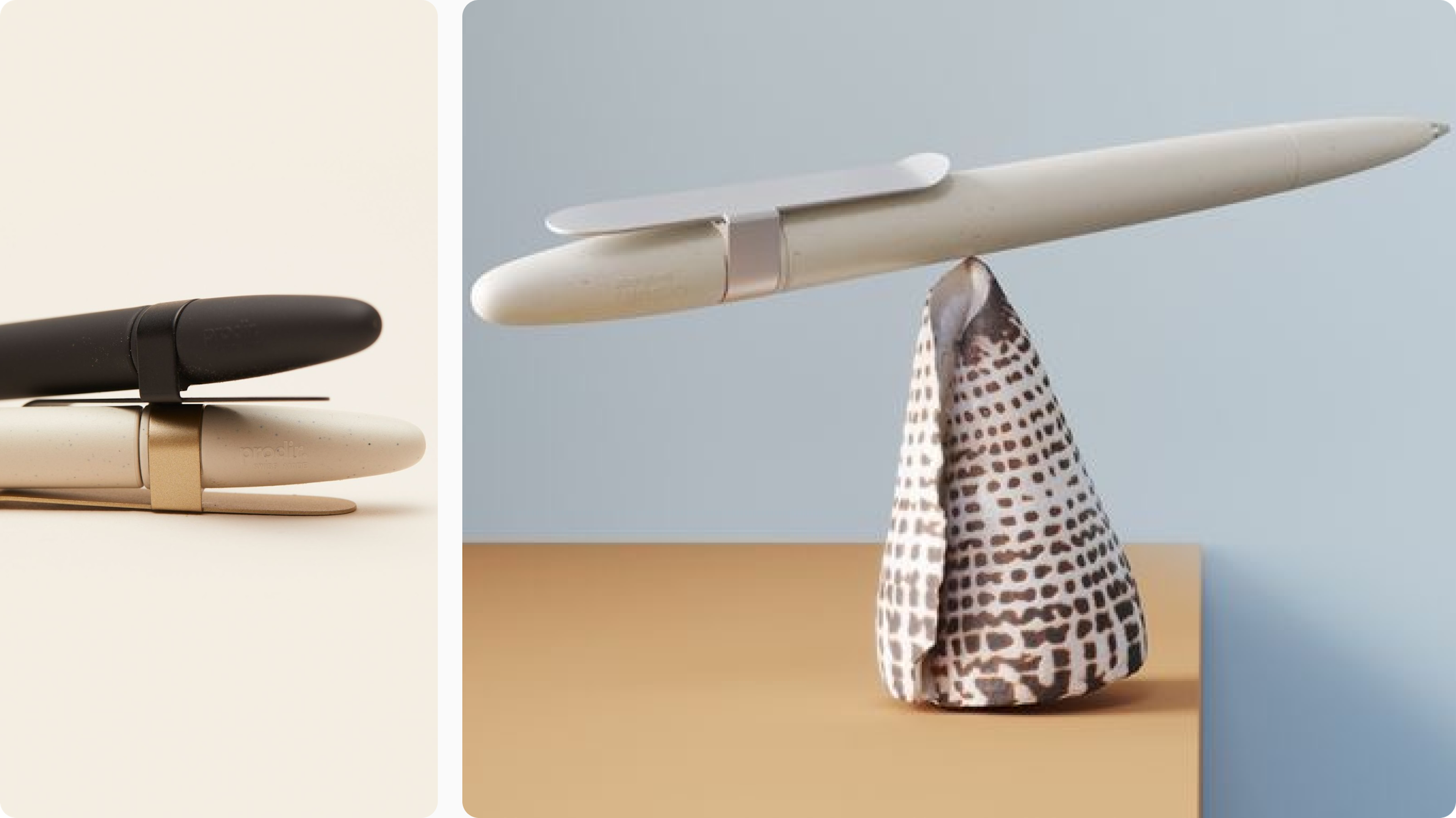 Minimalistischer Clip-Kugelschreiber in Schwarz und Weiß, als Detailfoto inszeniert.