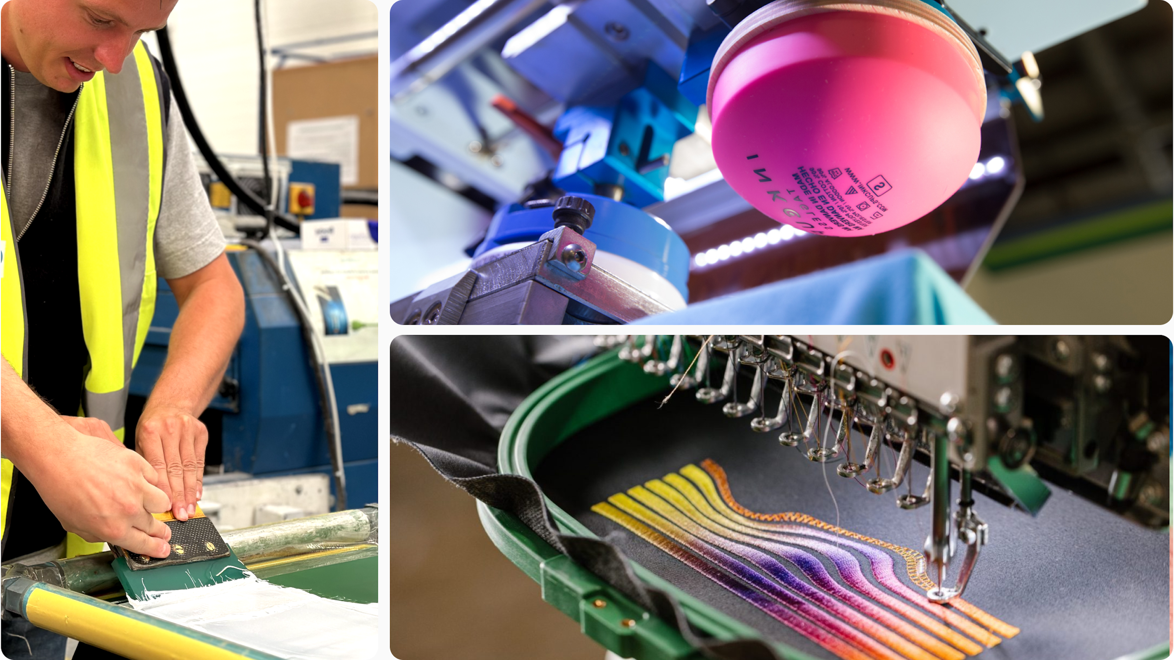 Screen printing and embroidery machines used to personalise branded merchandise.