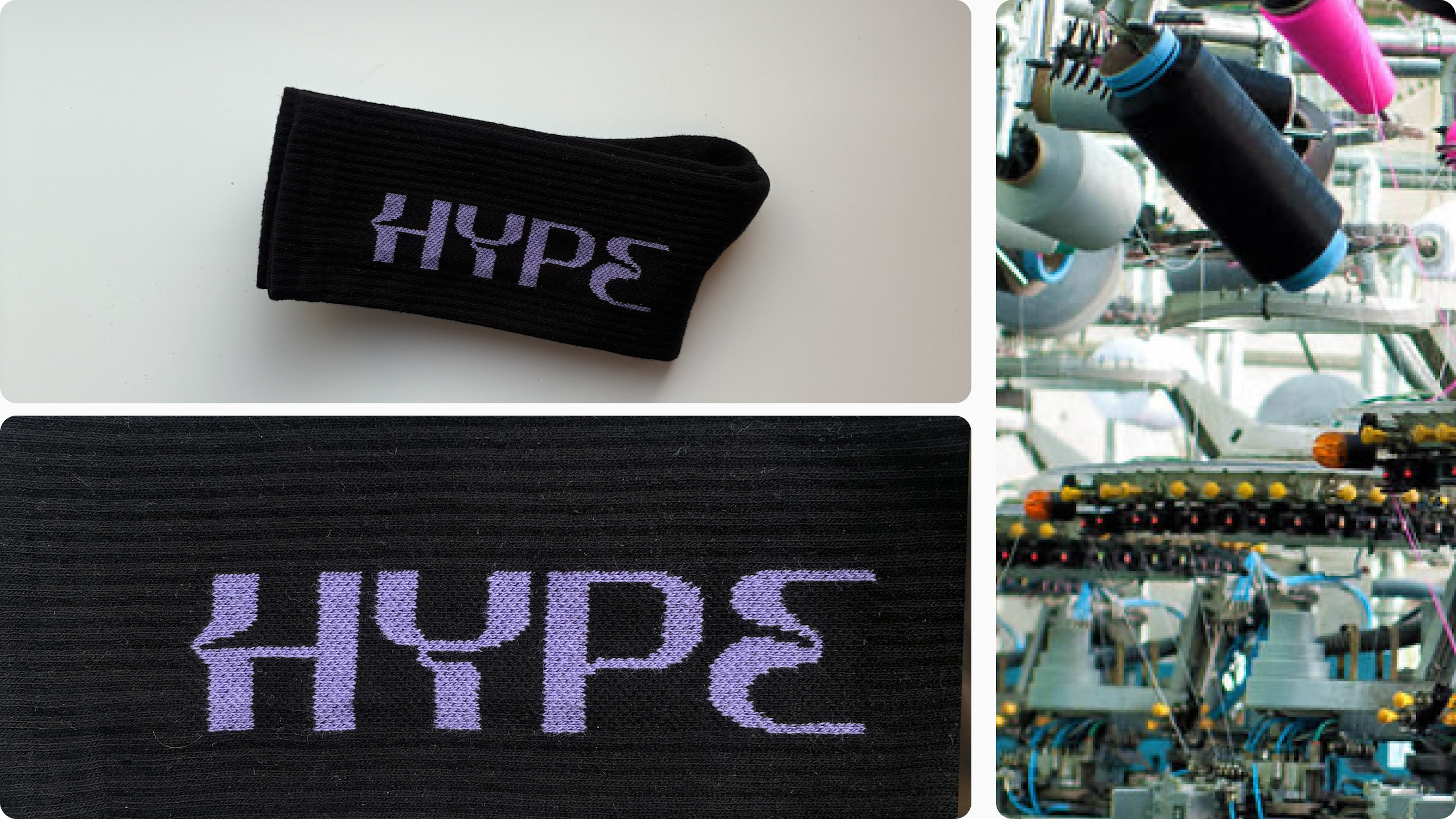 Black sock with purple knitted logo beside close-up knit and sock-making machinery.