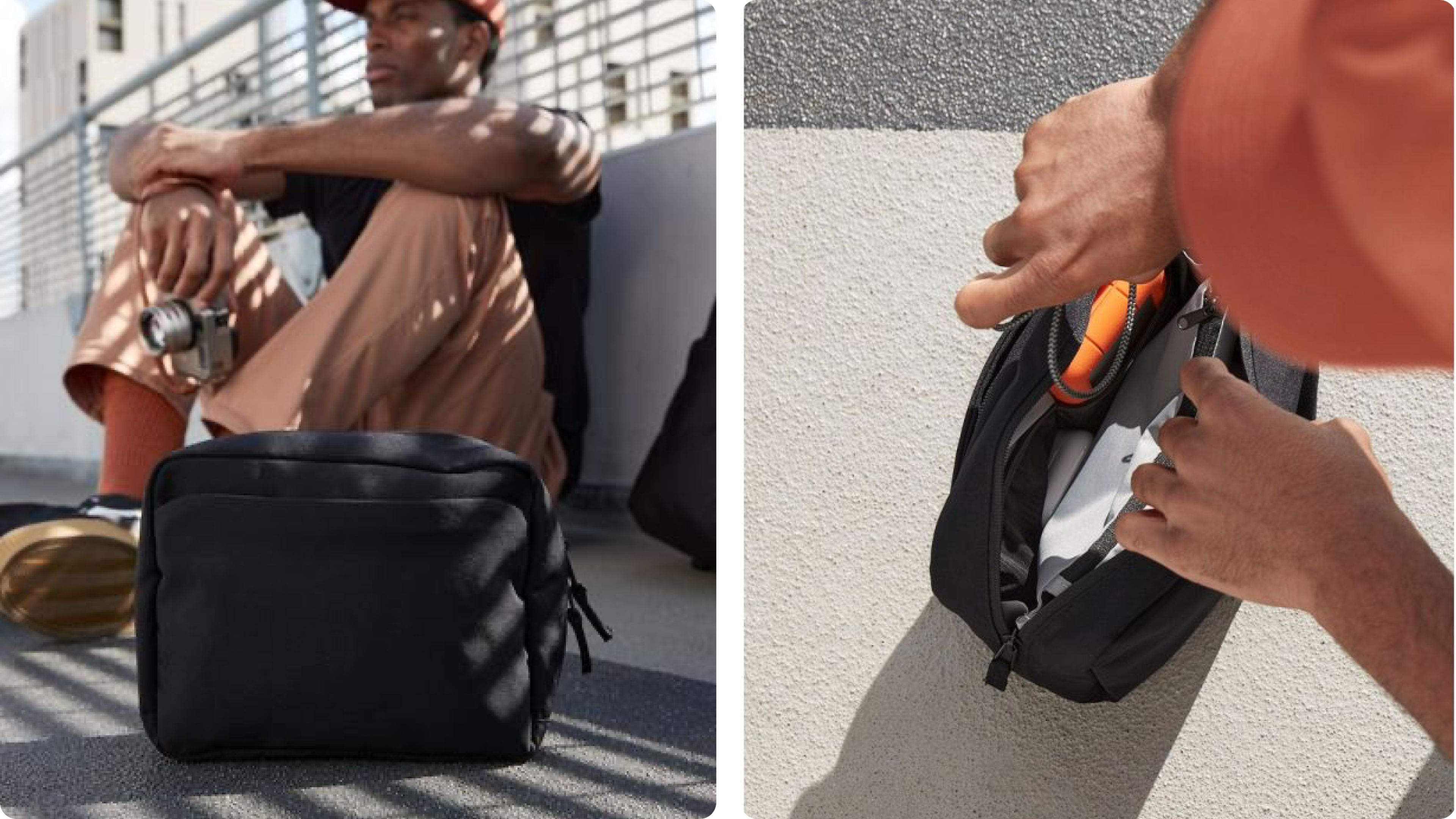 Schwarze Tech Bag als Alltagstasche und Hände, die Zubehör in die Tasche stecken.