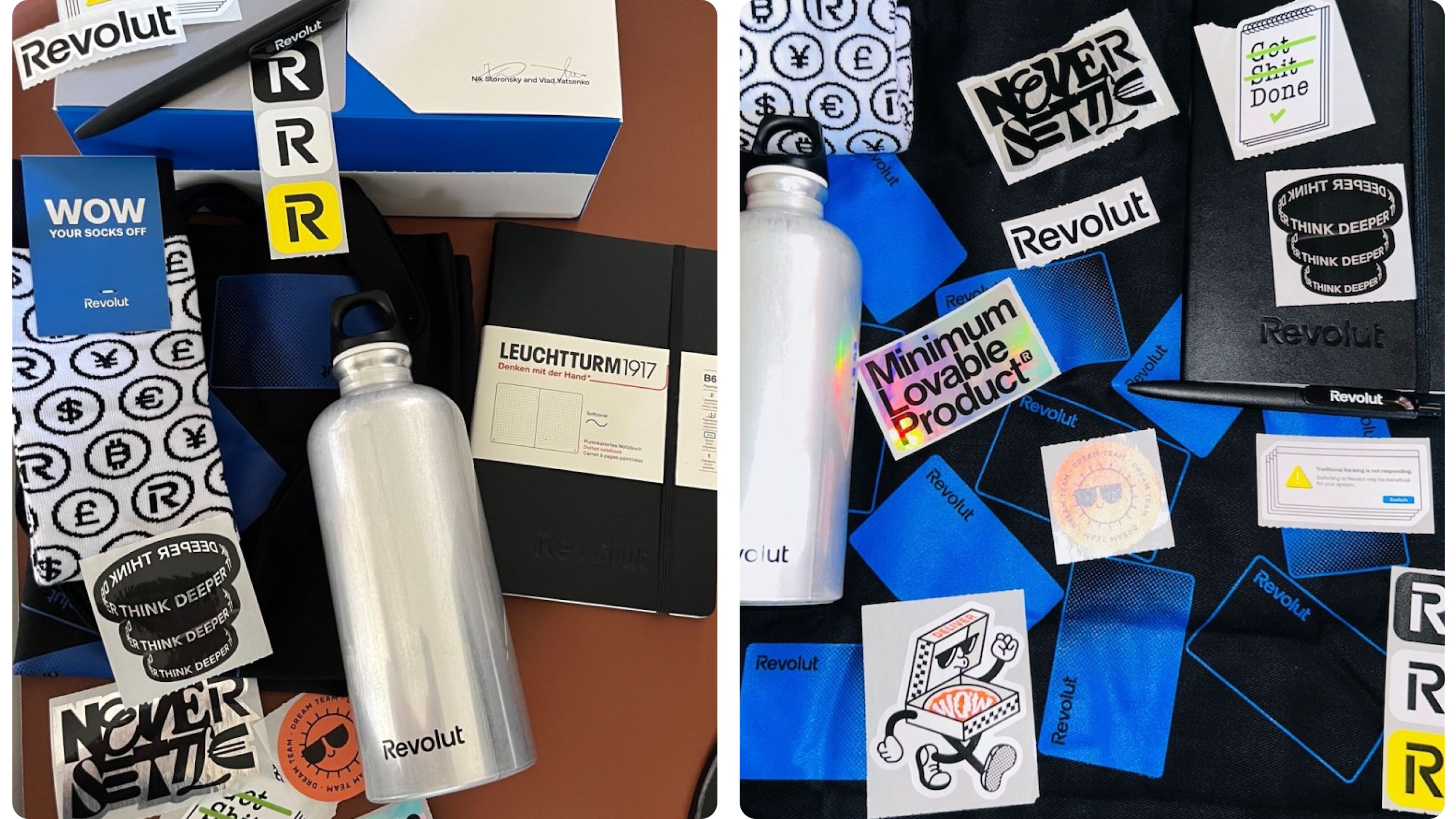 Color-matched swag bag with socks, stickers, notebook and a branded bottle
