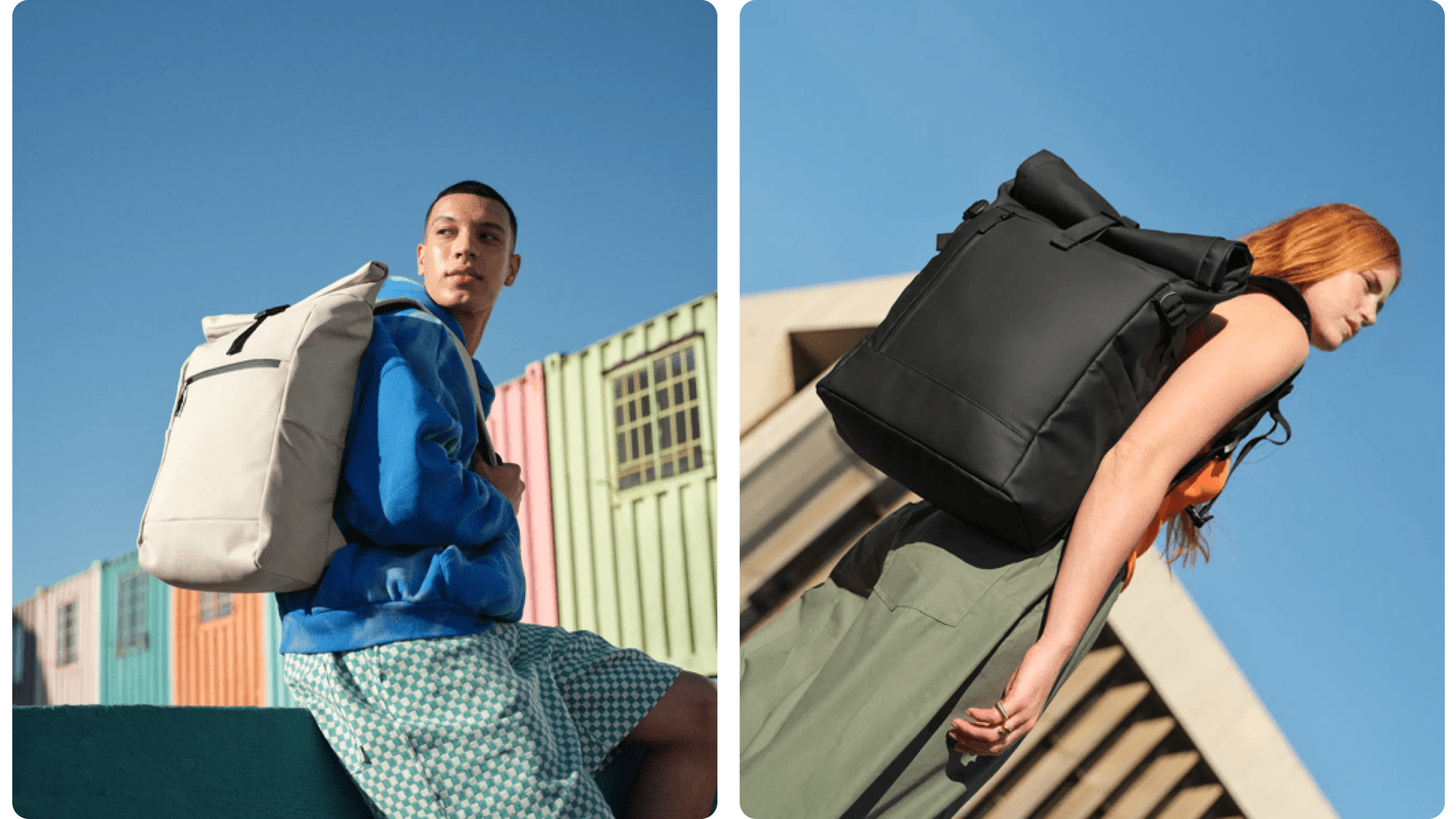 Zwei Personen tragen Rolltop-Rucksäcke, Outdoor- und City-Look für Pendler