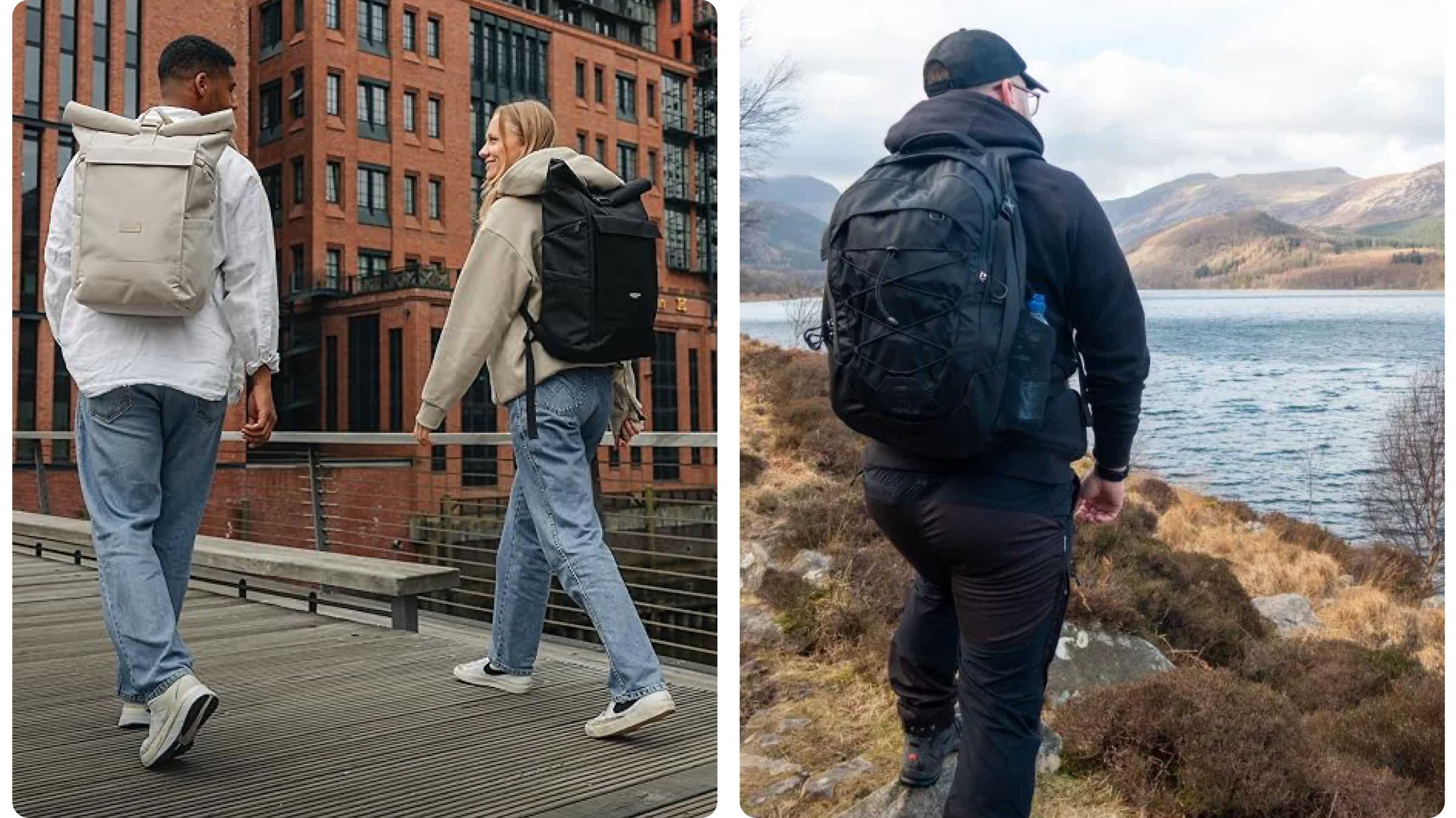 Zwei Personen mit Rucksäcken, plus Rucksack im Einsatz auf Spaziergang