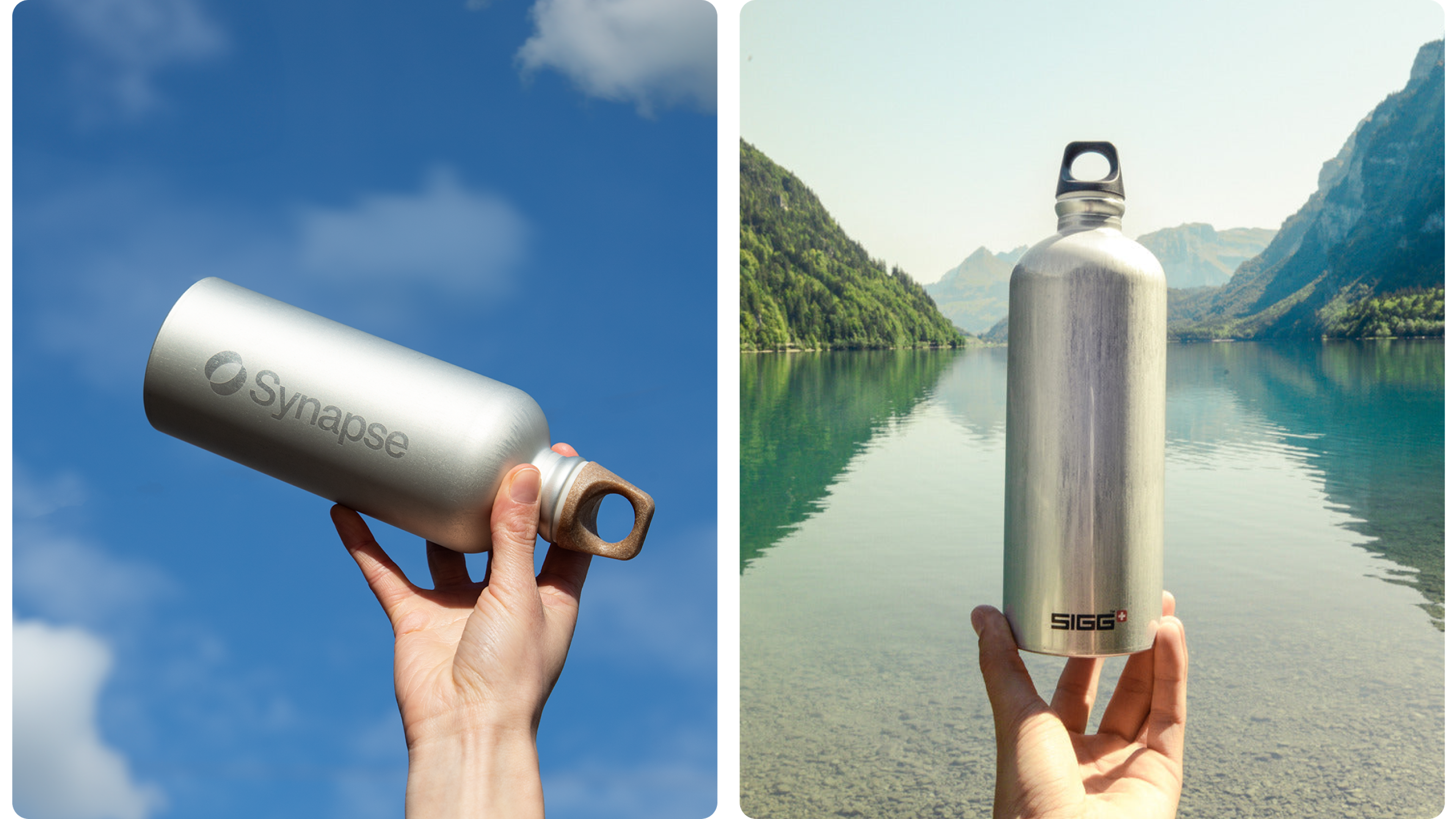Zwei Aluminiumflaschen mit Logo, einmal gegen Himmel, einmal vor Bergsee gehalten