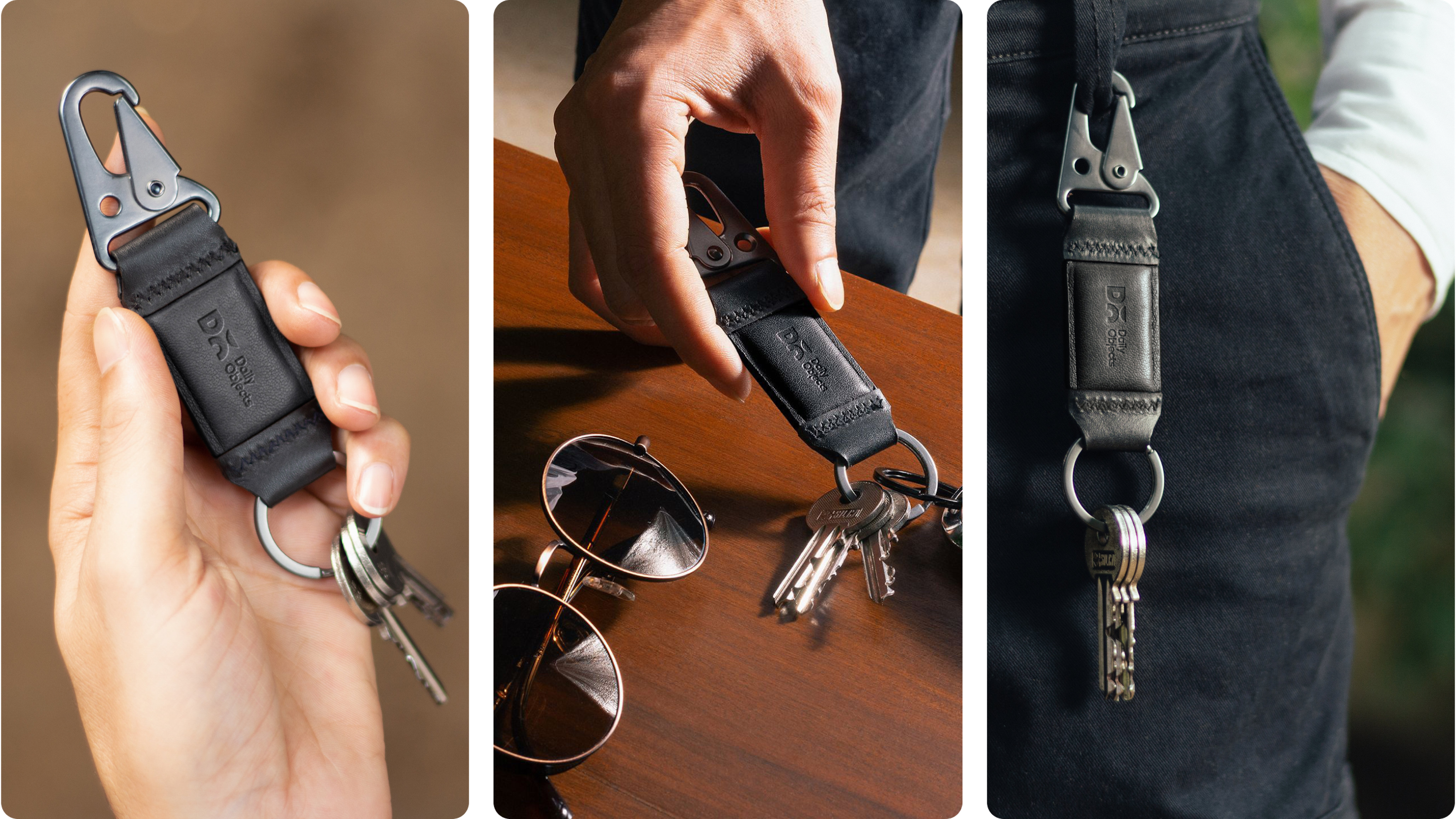 Schwarzer Schlüsselanhänger mit Karabiner, in Hand und am Schlüsselbund getragen