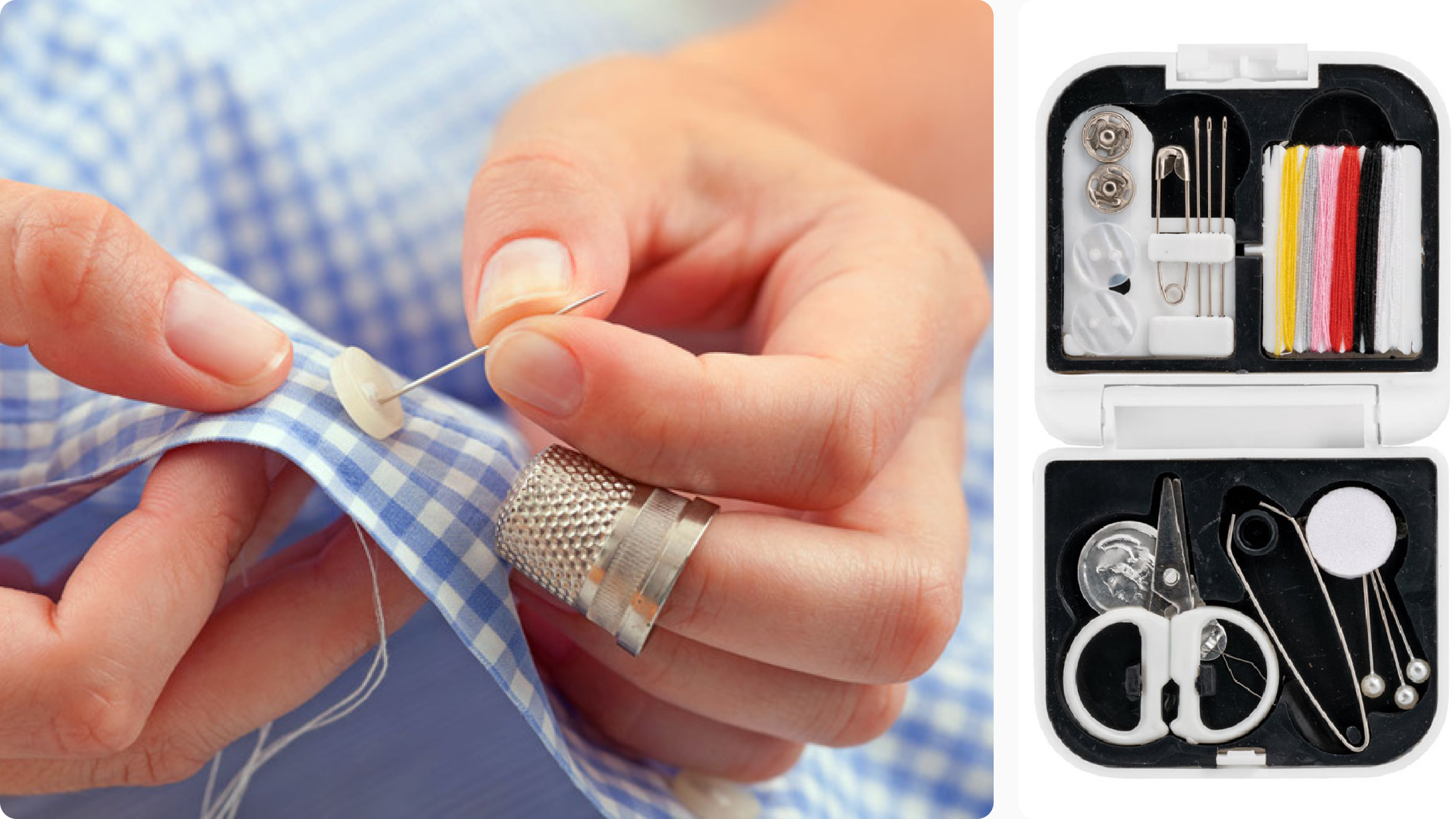 Sewing a button and a compact travel sewing kit opened with tools