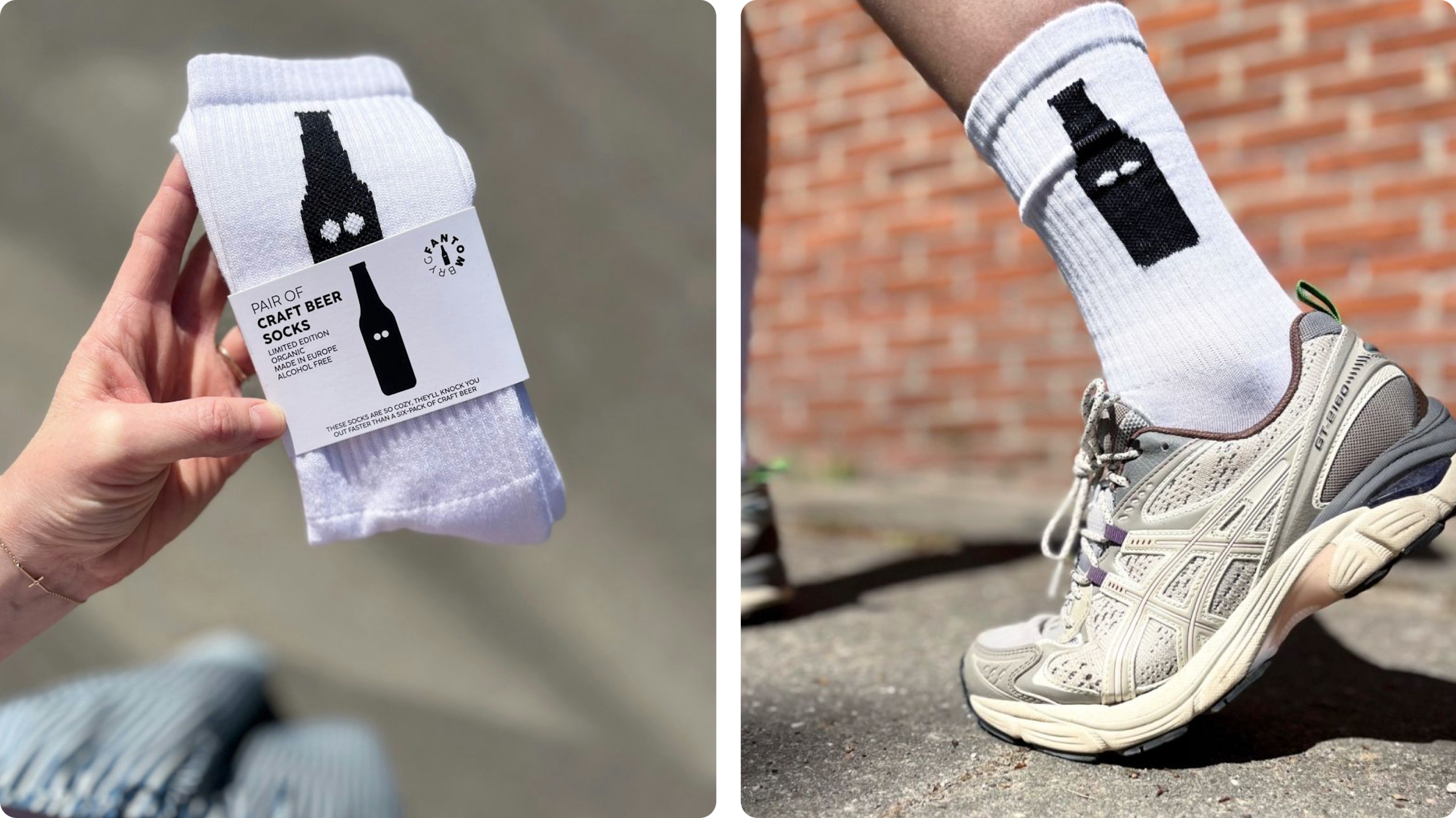 Custom white socks with woven bottle icon, shown packaged and worn with sneakers