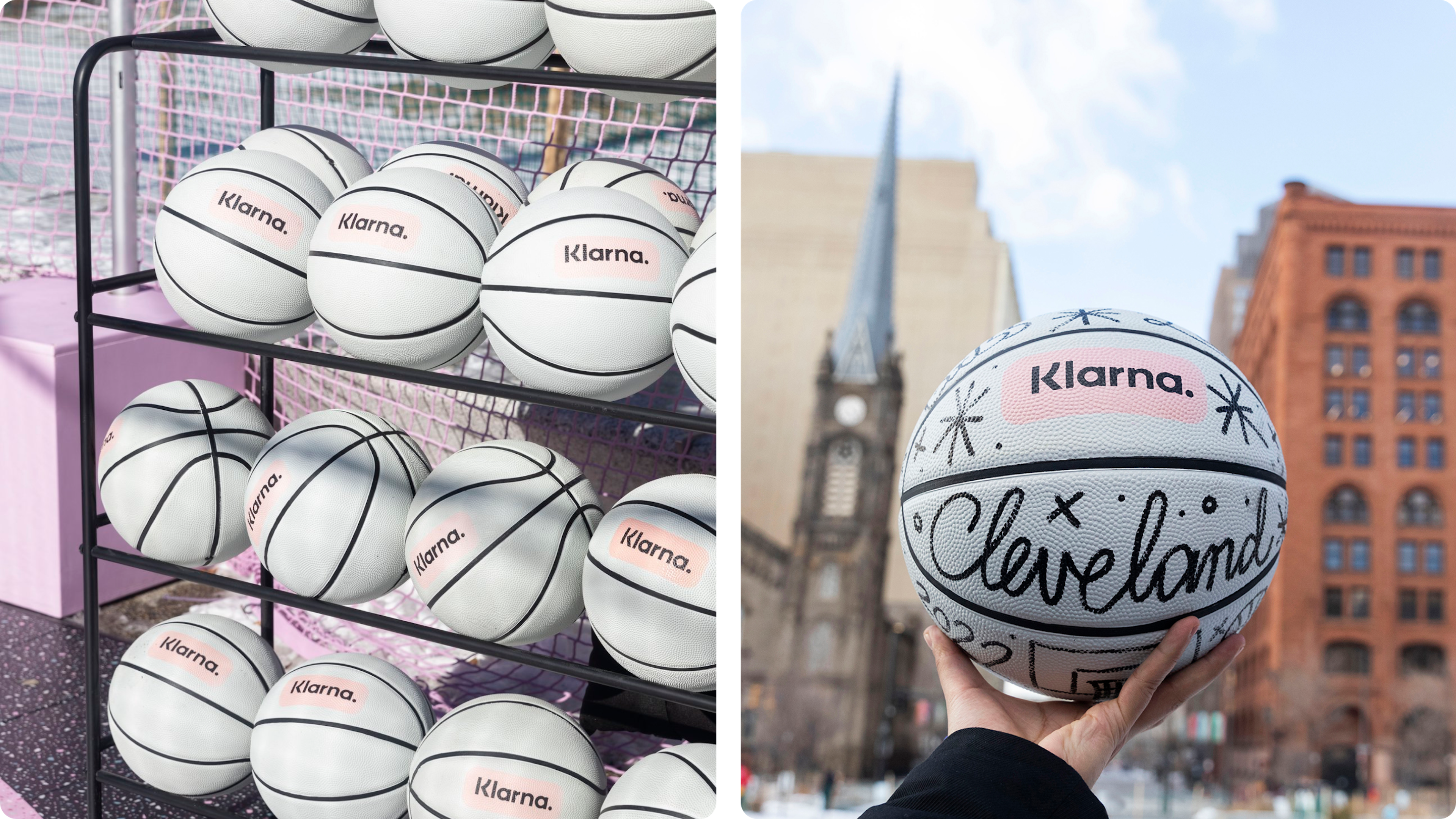 Klarna Basketball und Spielzeug-Bälle mit Logo, Nahaufnahme im Set