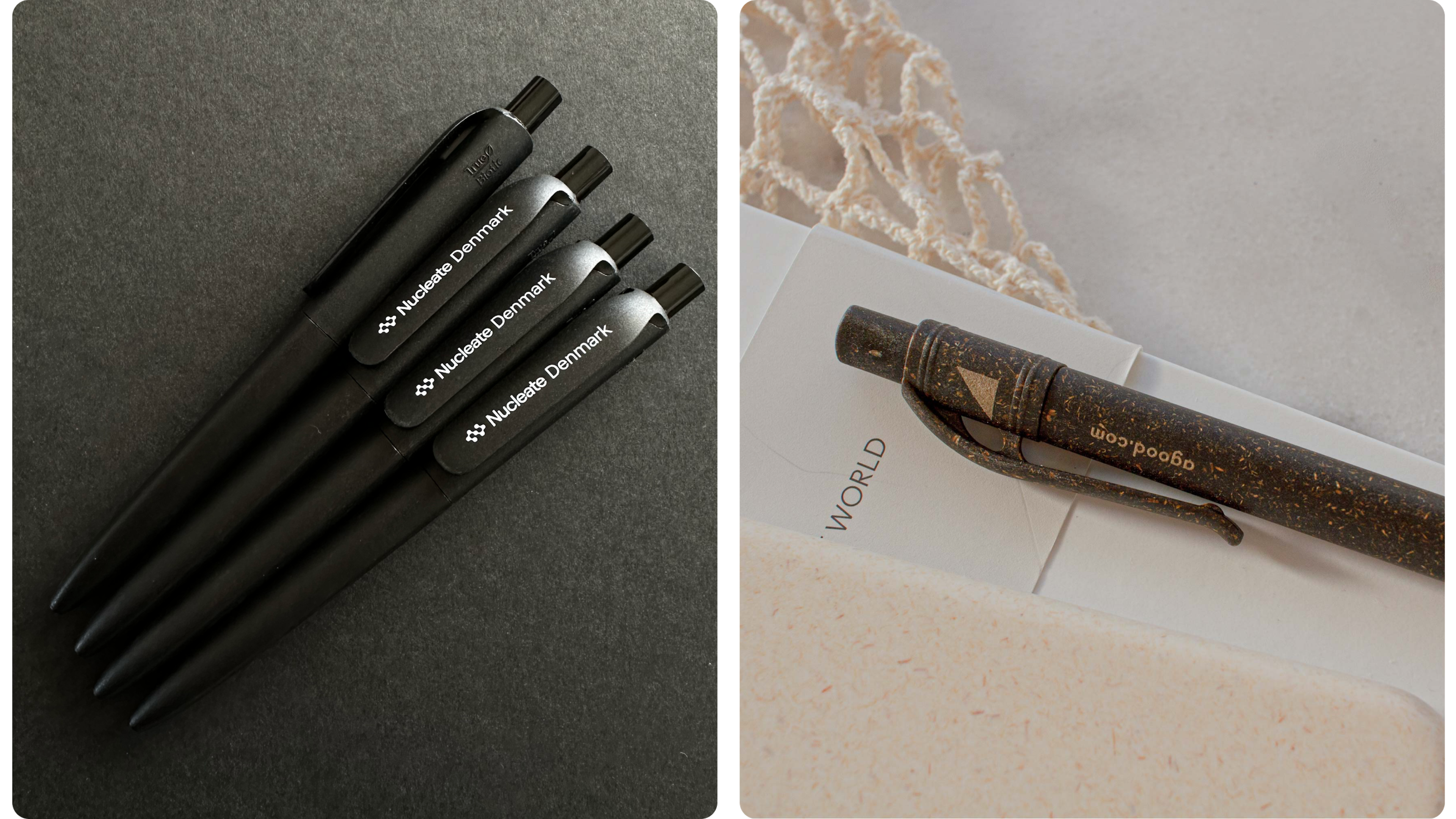 Schwarze Werbekugelschreiber und ein Stift aus Naturmaterial auf Papier