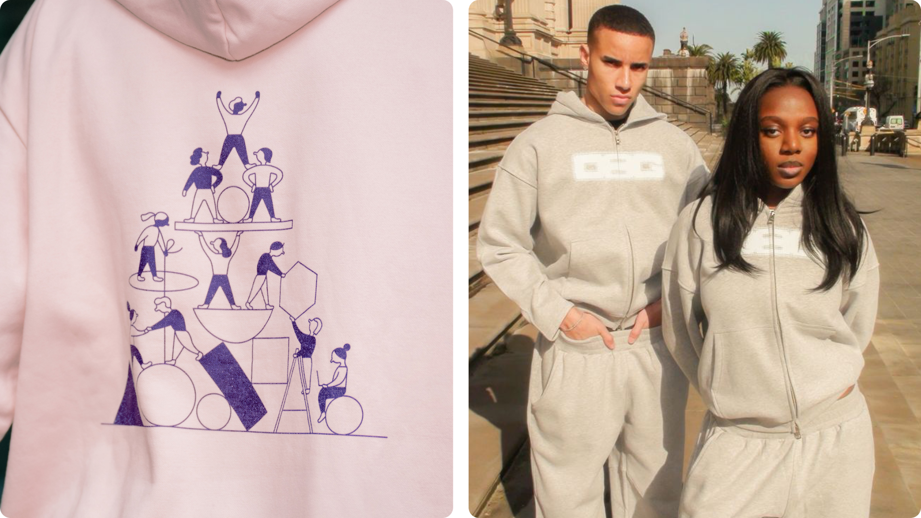 Hoodie graphic close-up and two people wearing grey tracksuits outdoors