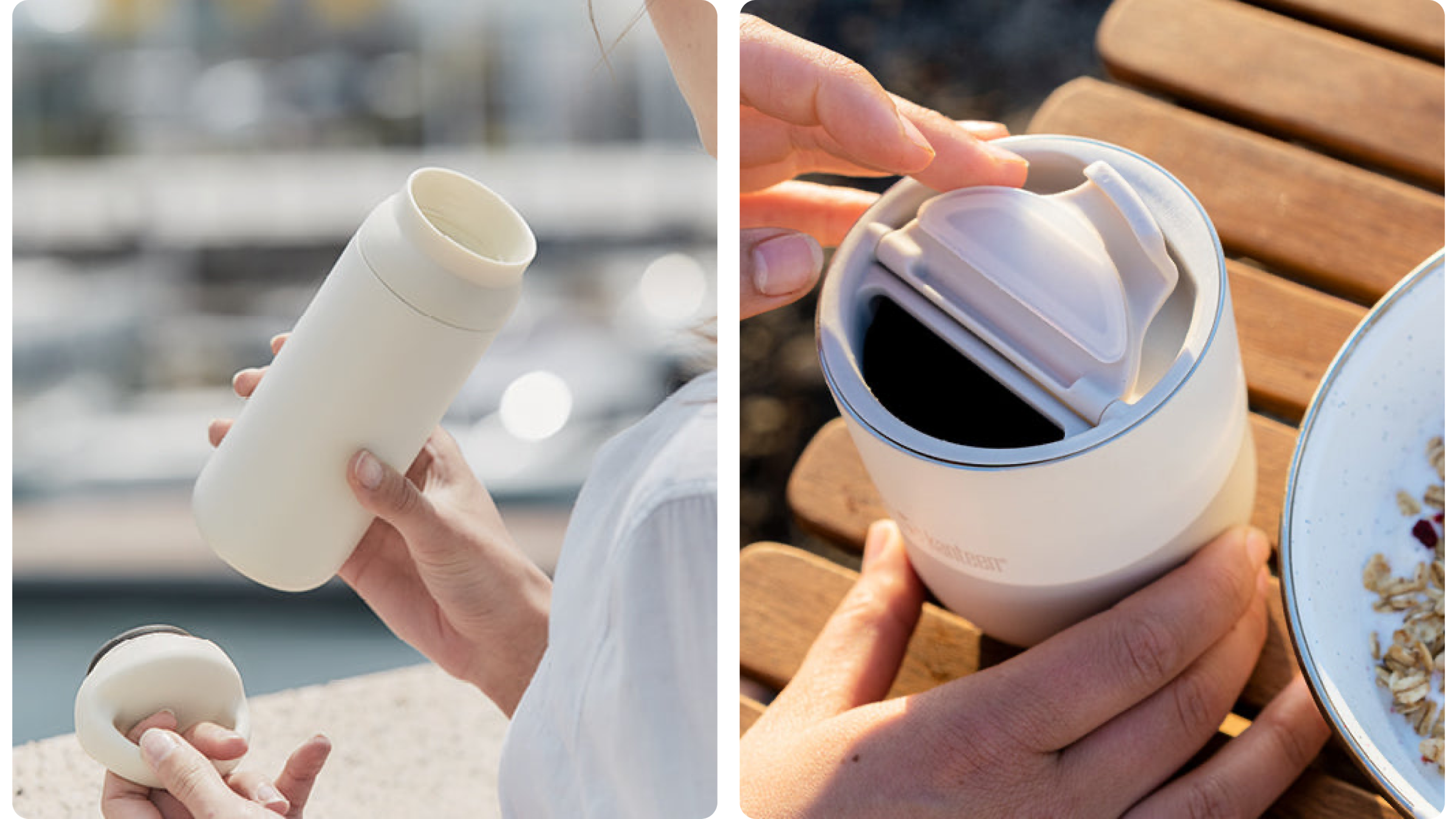 Thermobecher in der Hand und Nahaufnahme des Deckels beim Trinken