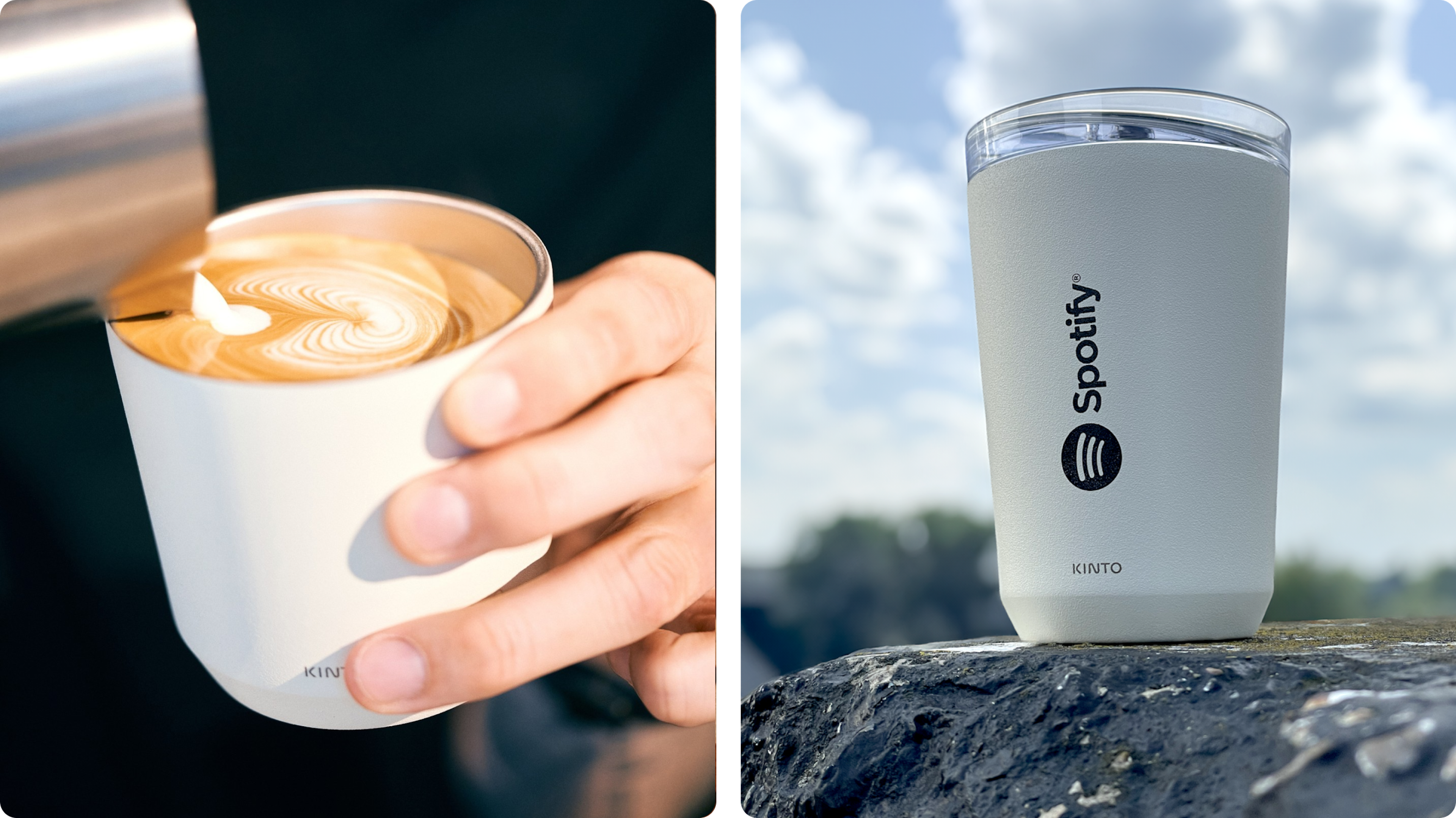 Two coffee mugs and a close-up pour of black coffee from a glass carafe into a cup