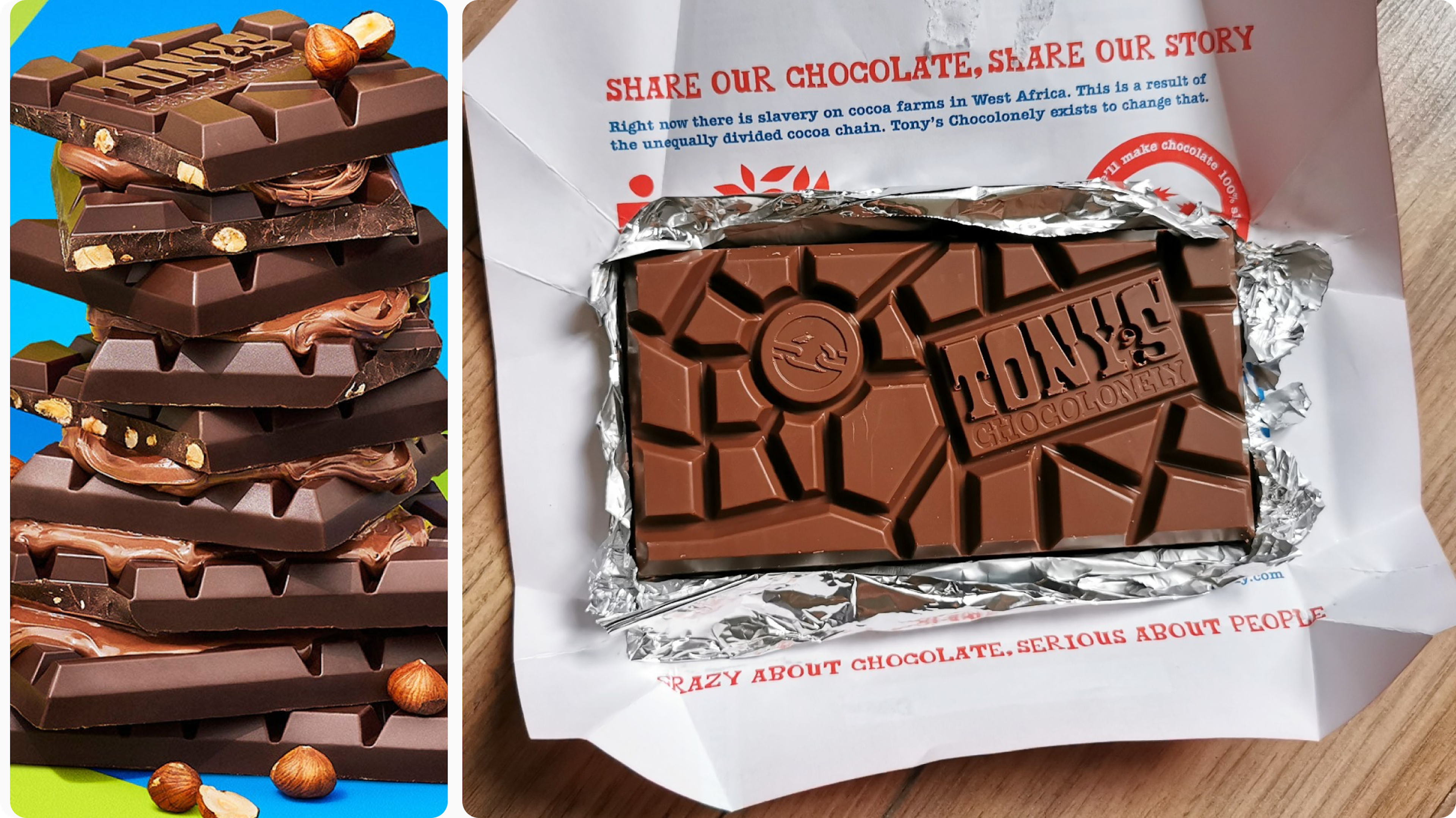 Tony’s Chocolonely bar unwrapped on packaging and stacked pieces
