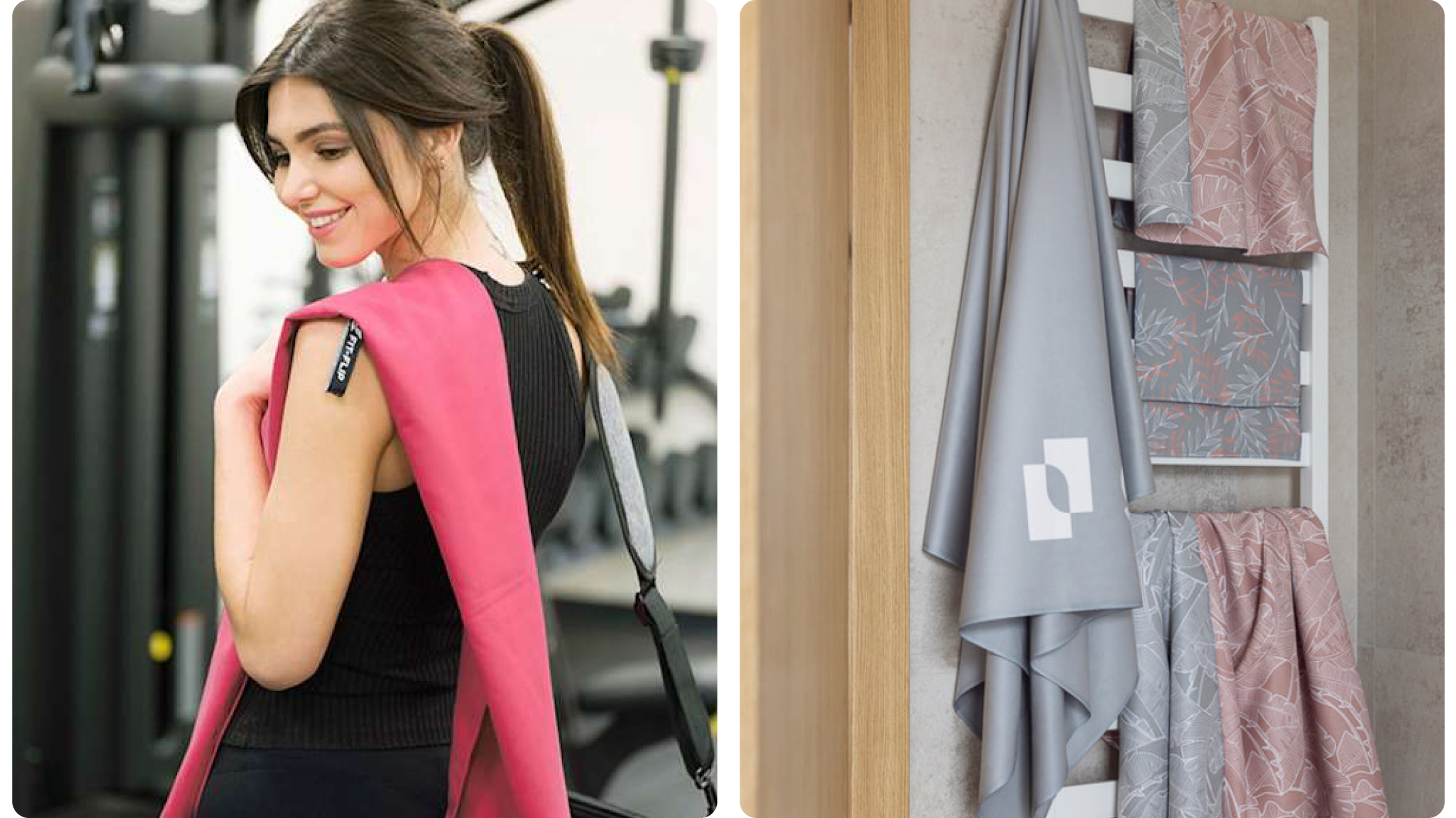 Microfiber towel in gym/travel setting and towels hanging on a rack