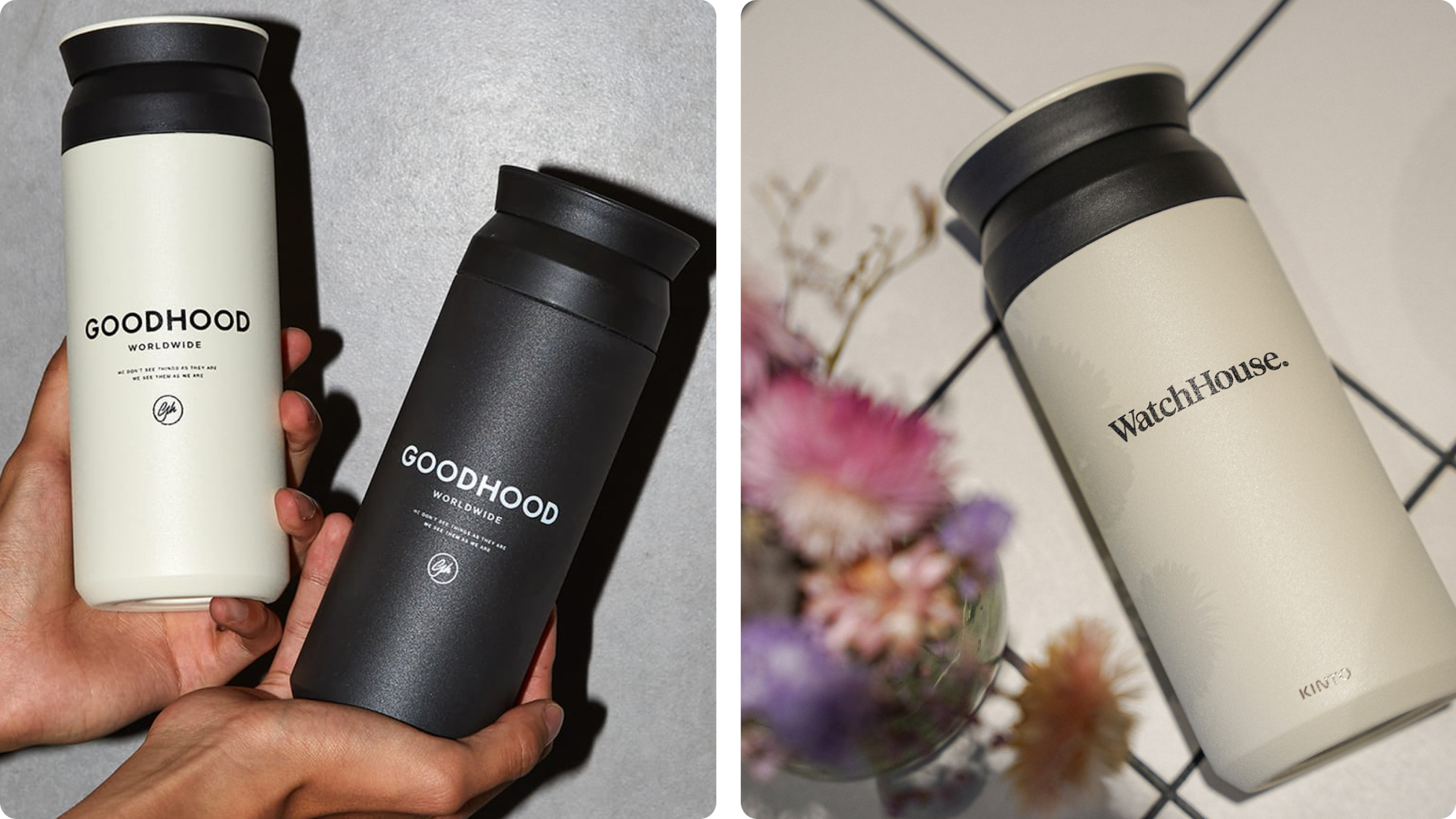 Two branded KINTO travel tumblers in neutral colours with bold vertical logo print