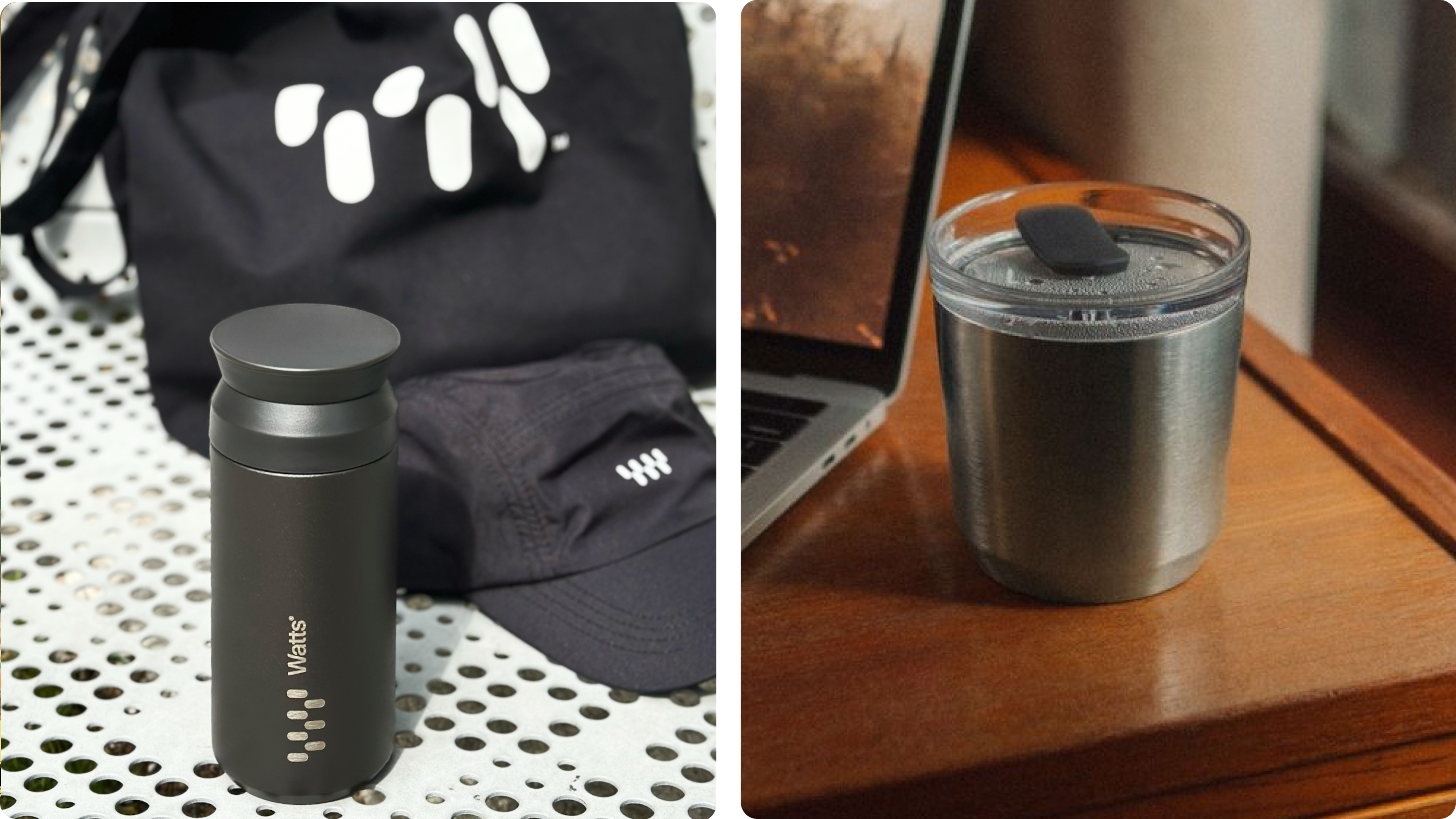 Black insulated bottle and stainless tumbler next to a laptop on a desk