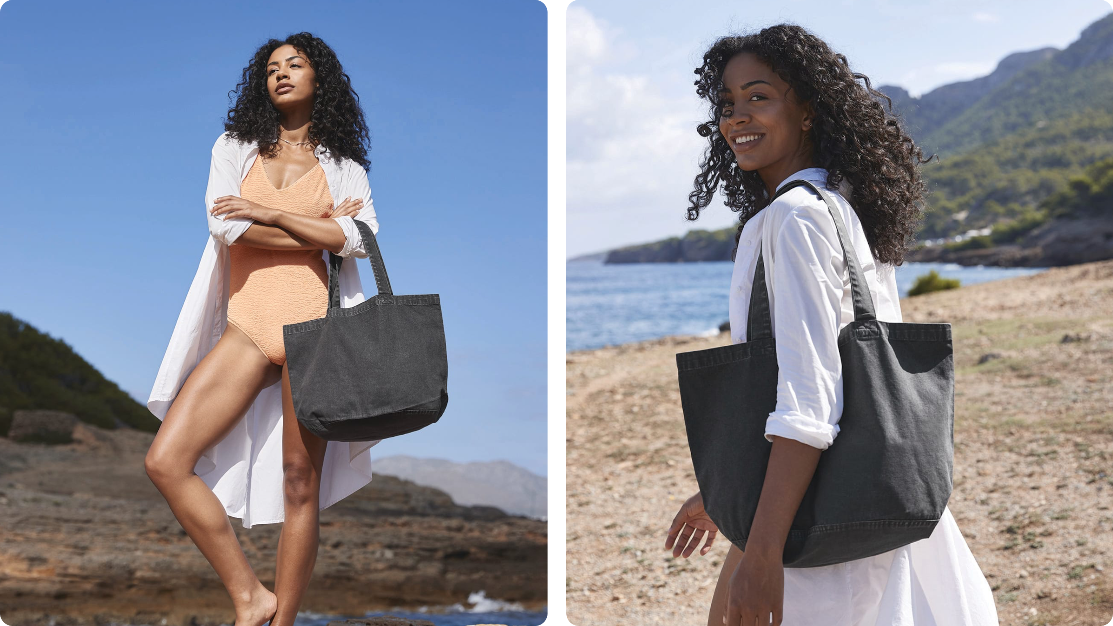 Two lifestyle shots of a black canvas tote bag at the beach, front and side view