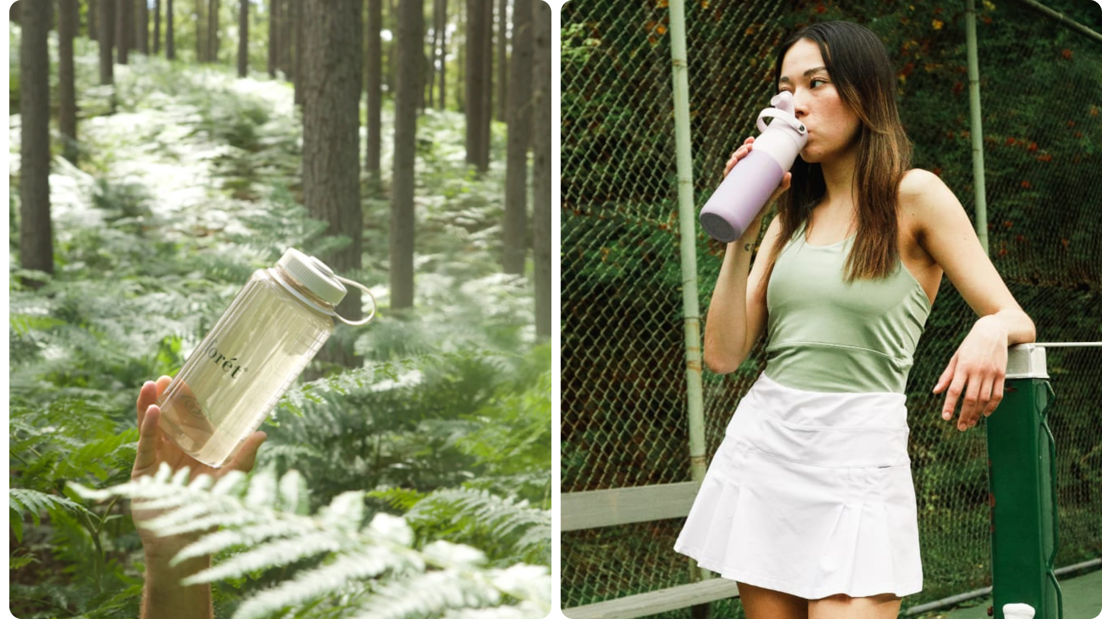 Reusable water bottles in outdoor and tennis-court settings, shown in real-life use