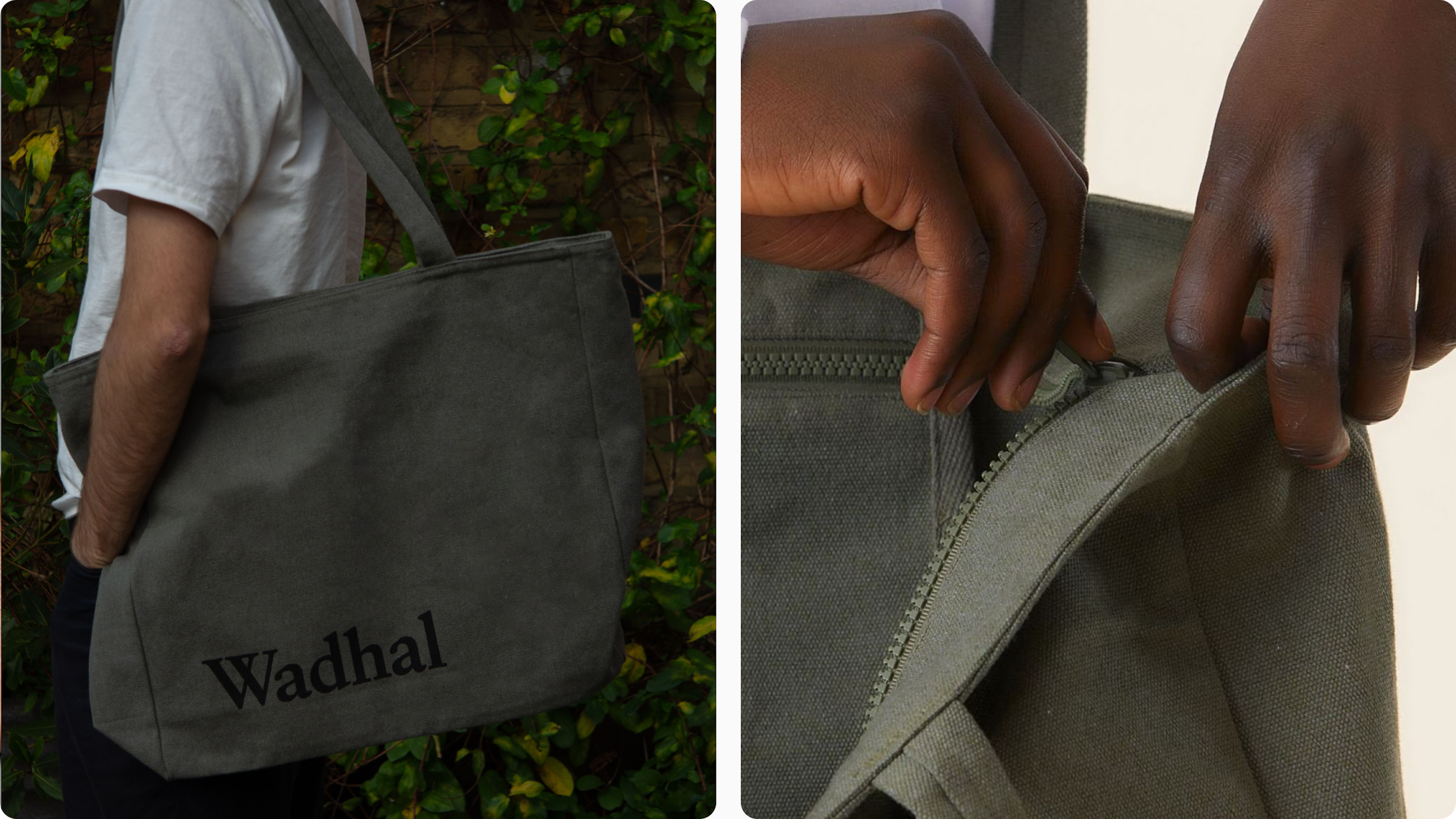 Two canvas totes indoors: graphic print close-up and structured tote hanging in shop