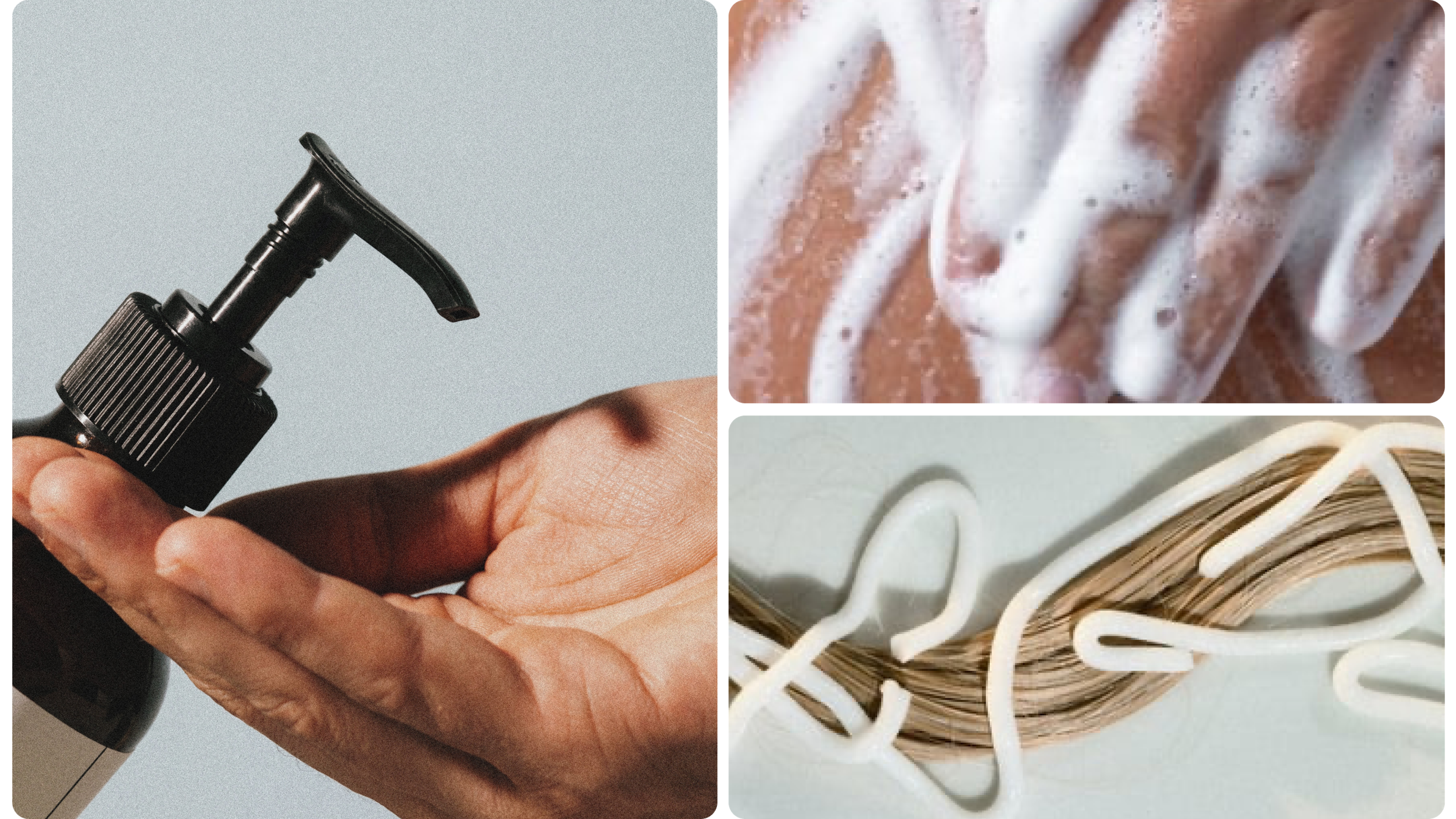 Hand holding a pump bottle, skincare foam and product textures collage