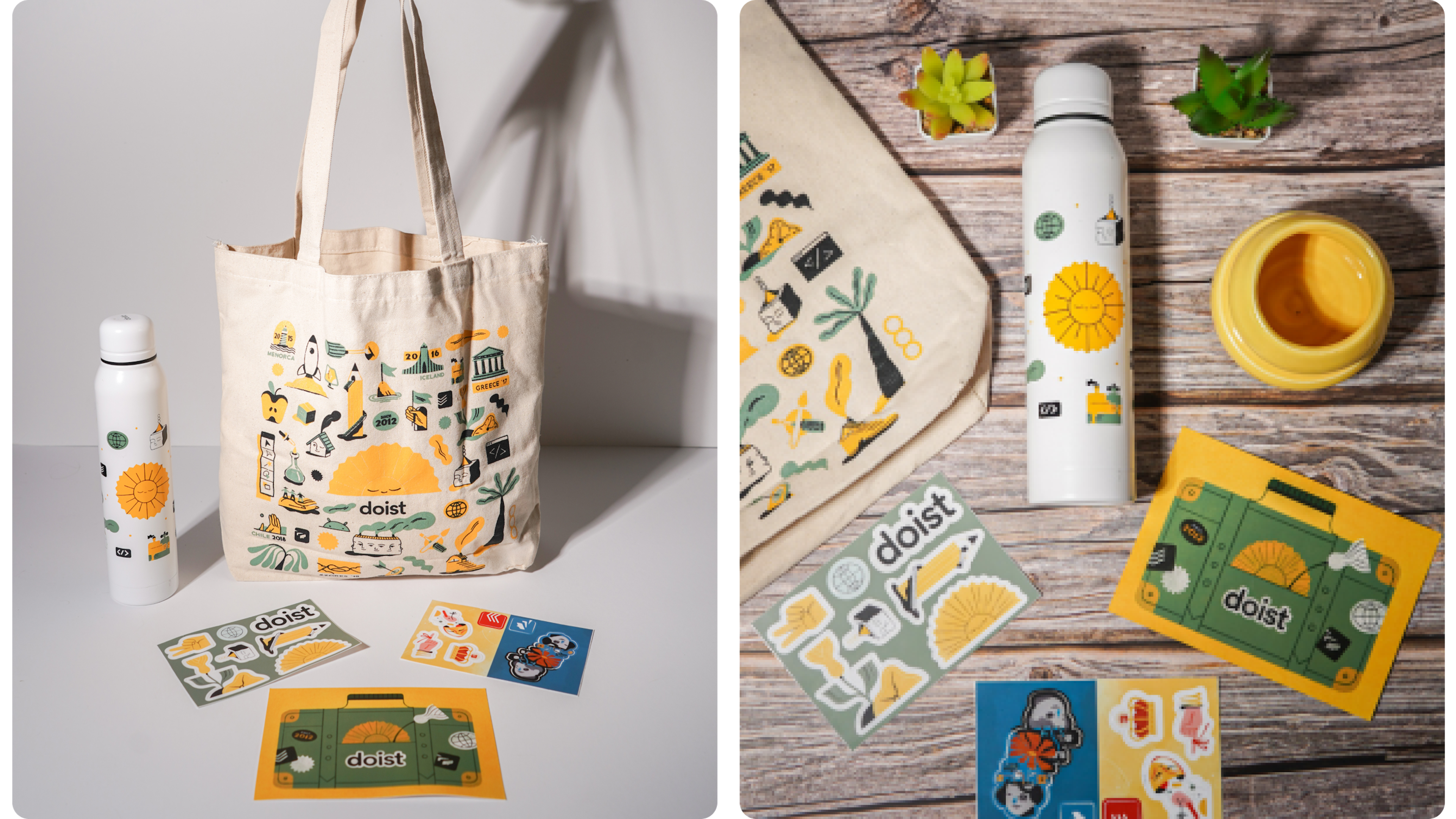Event swag bag with branded tote, travel tumbler and small stationery